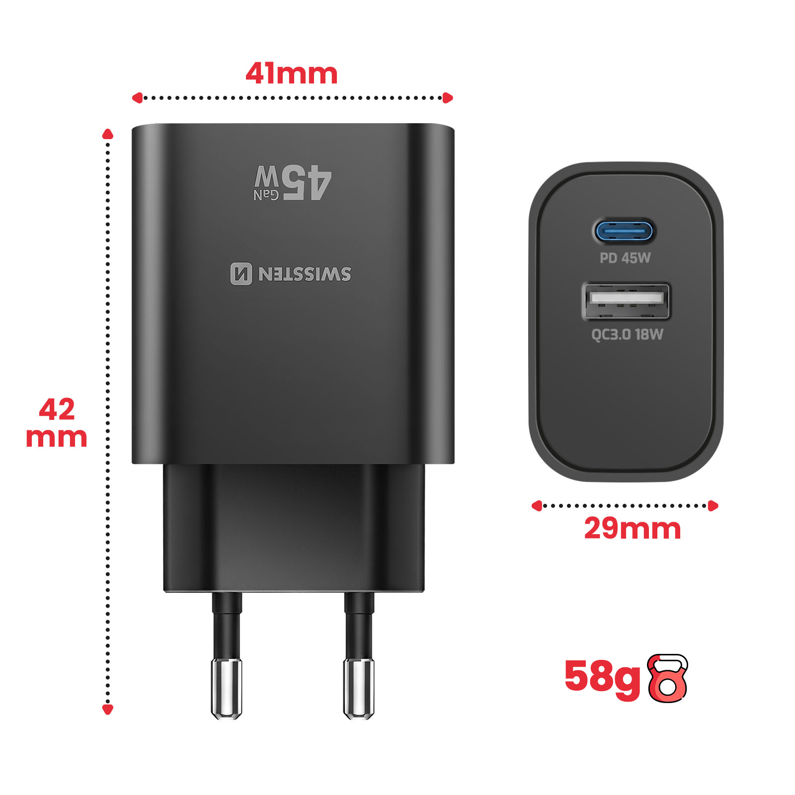 Schwarzes 45W GaN Ladegerät mit USB-C & USB-A Anschlüssen. Maße 41x42mm.