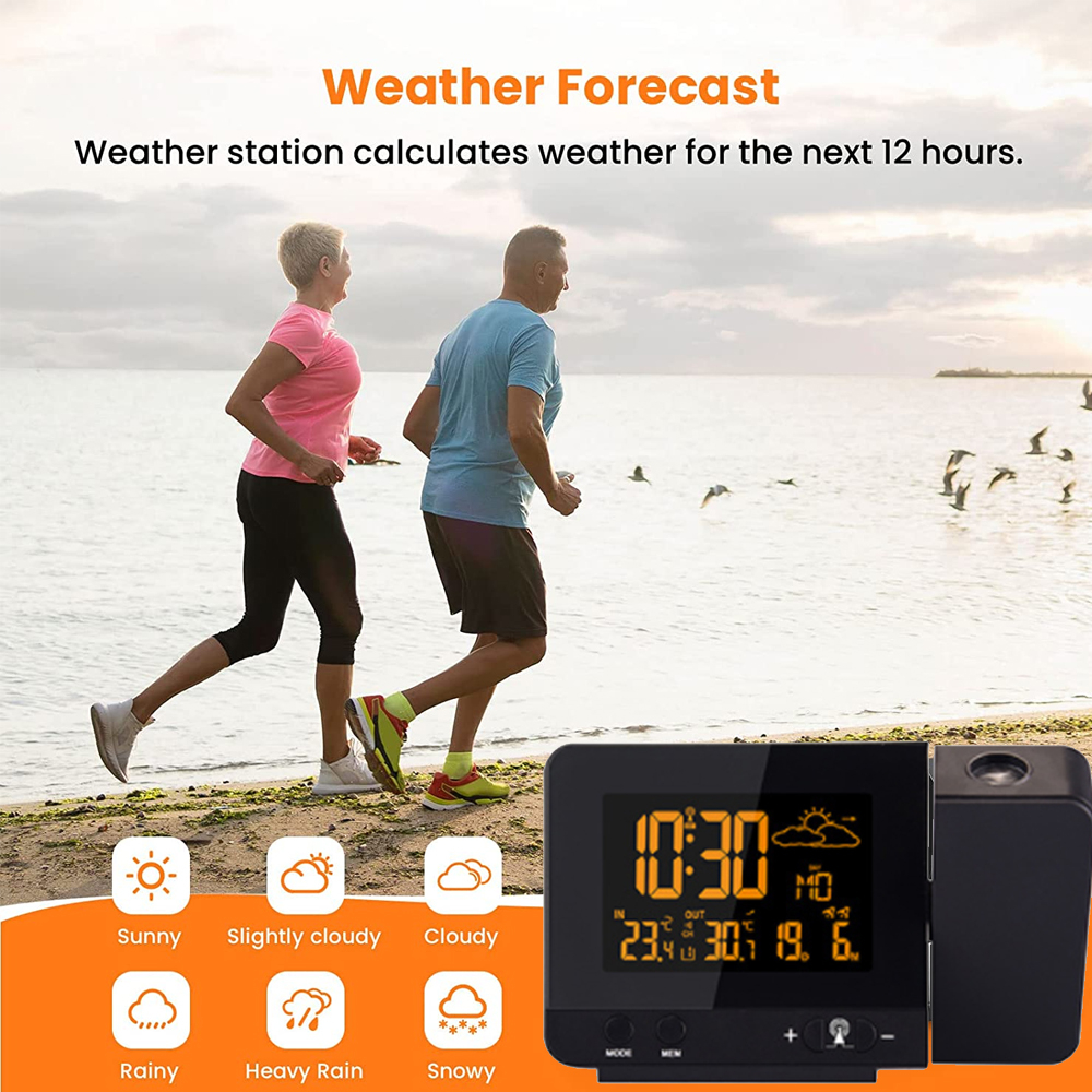 Paar joggt am Strand, Wetterstation mit Vorhersage-Symbolen und Anzeige.