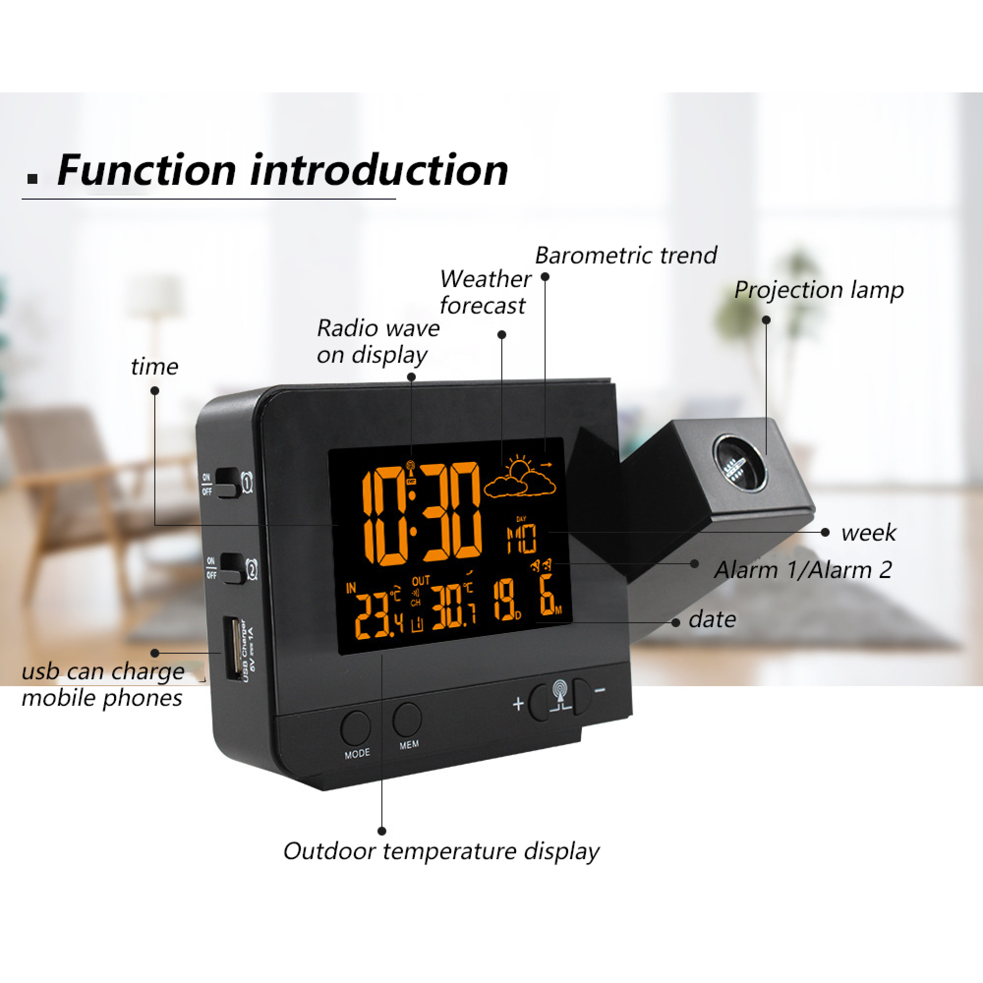 Schwarze Digitaluhr mit Projektion, zeigt Zeit, Datum, Temp. und Wetter.
