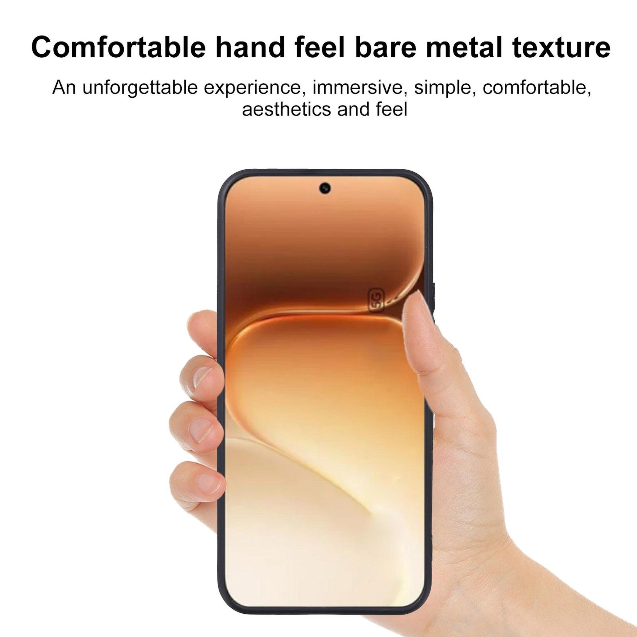 Eine Hand hält ein Smartphone mit einem goldenen Farbverlauf-Hintergrund.
