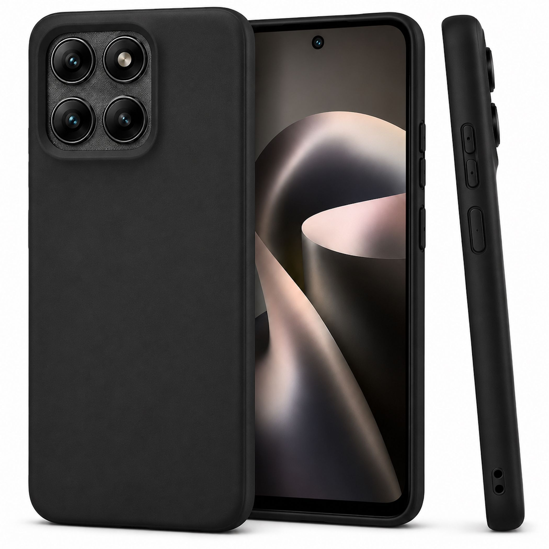 Funda negra para teléfono con conjunto de cámara cuádruple, vista trasera, lateral y frontal.