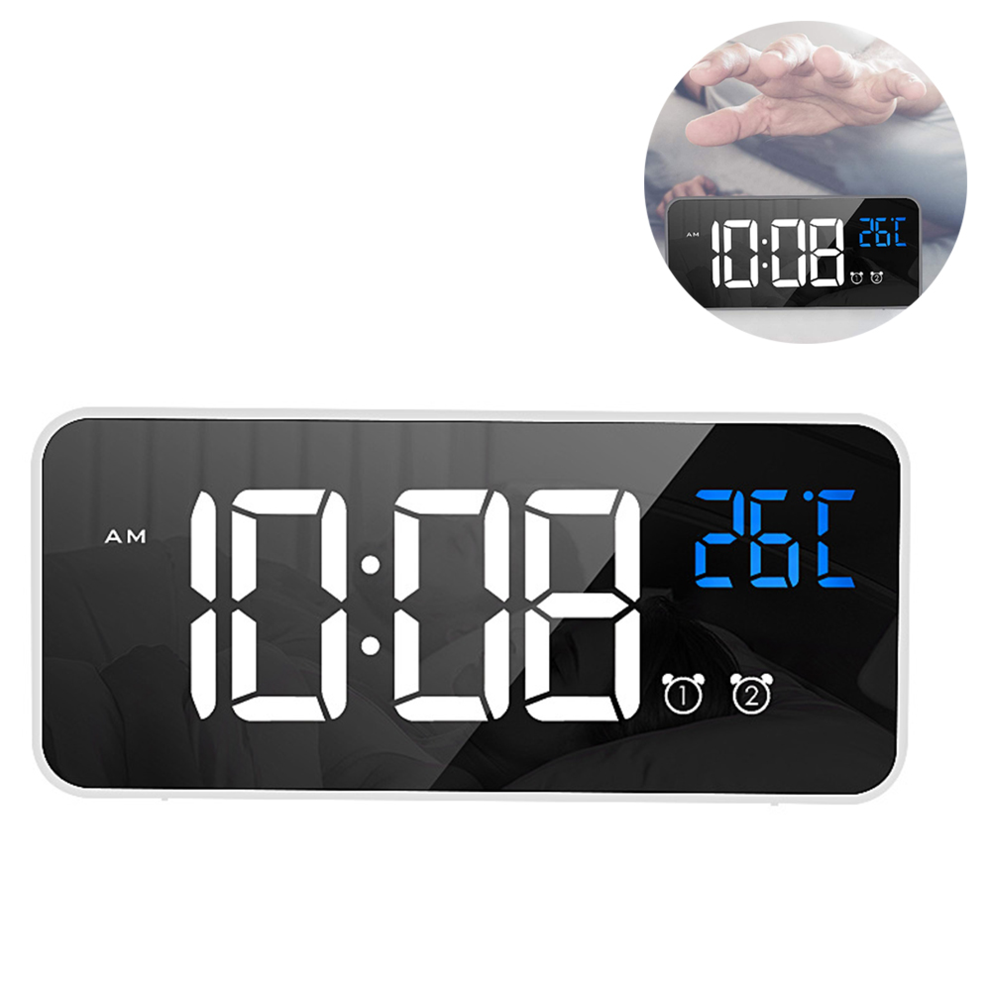 Digitaluhr zeigt 10:08 und 26C an, Hand greift danach.