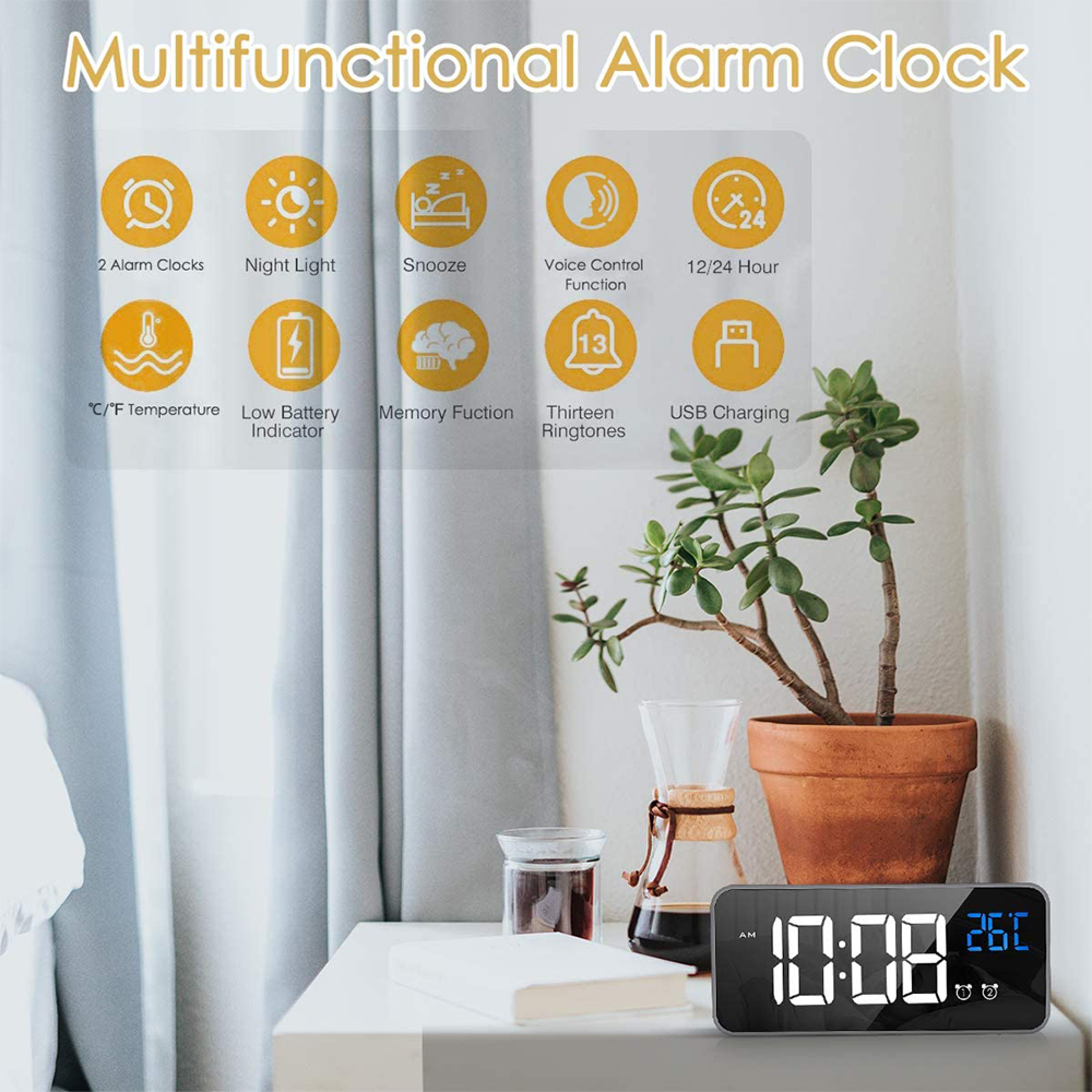 Multifunktionale Weckuhr mit 9 Symbolen, einer Pflanze und einer Digitaluhr, die 10:08 anzeigt.