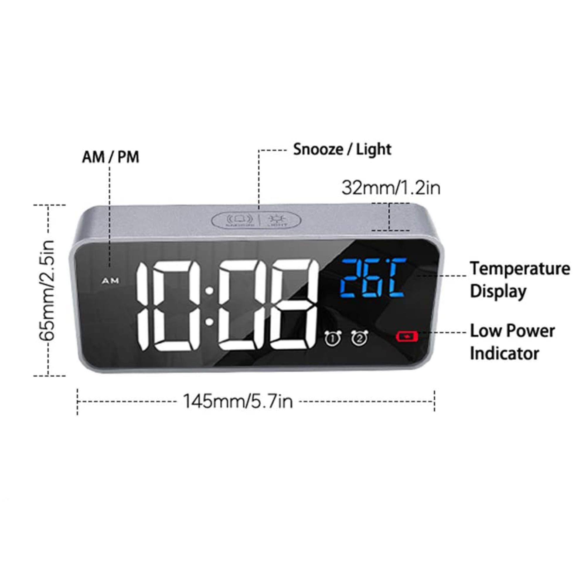 Digitaluhr zeigt 10:08 Uhr und 25°C an, mit AM/PM und Snooze/Licht-Optionen.