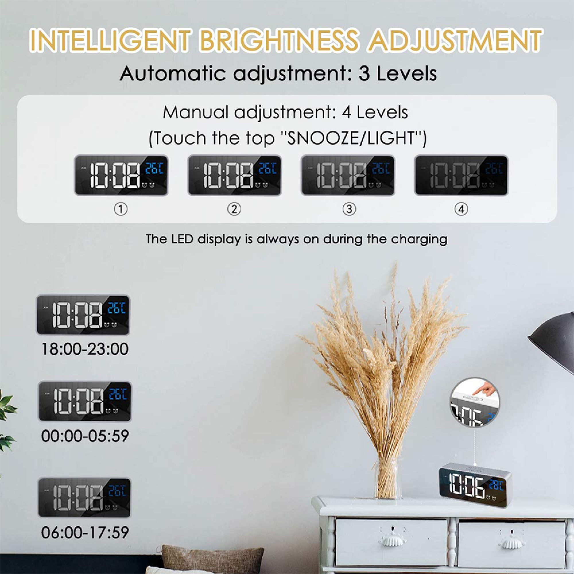 Digitaluhr mit Temperaturanzeige, Helligkeitseinstellungen und Zeitintervallen.