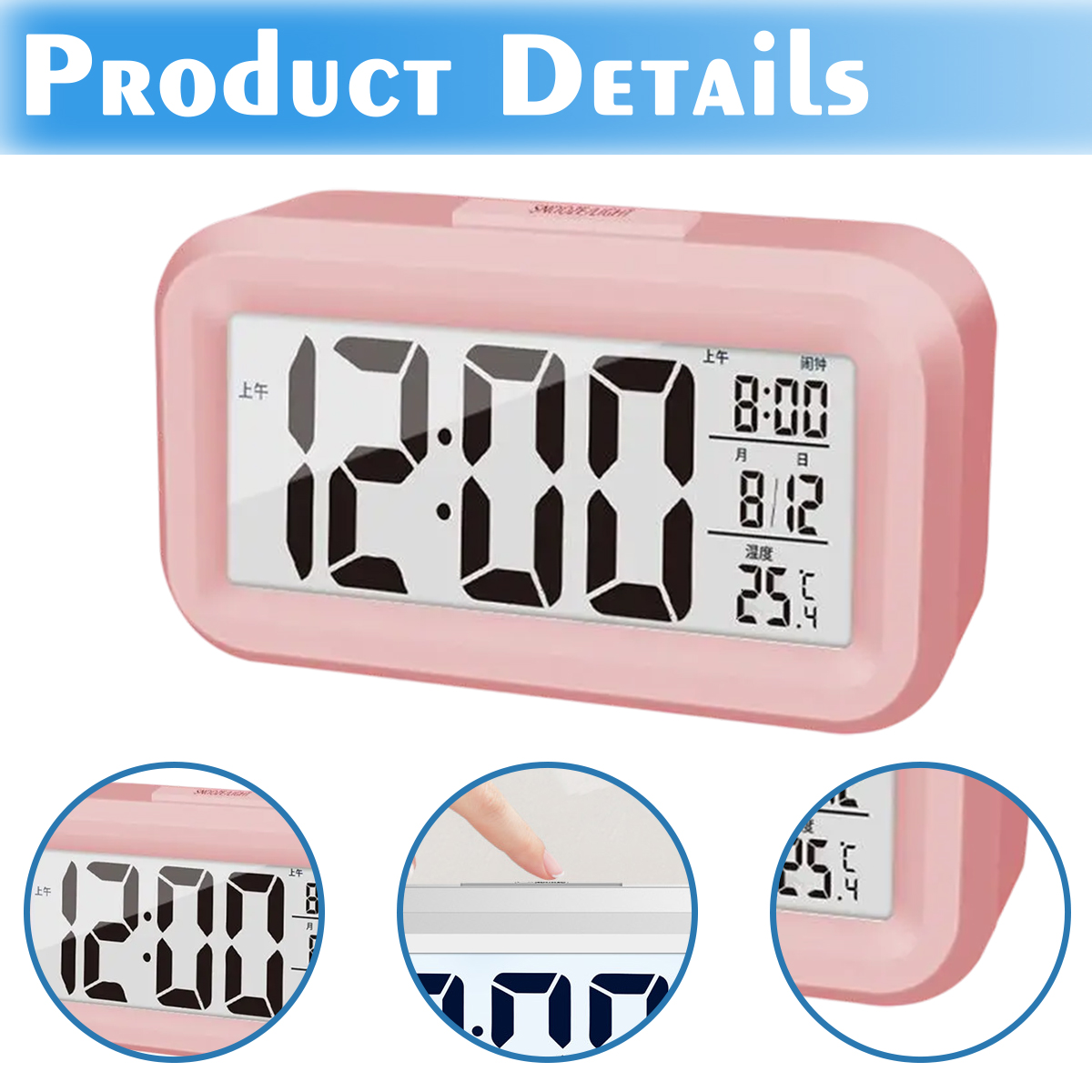 Ein rosafarbener Digitalwecker zeigt 12:00 Uhr an, Datum und Temperatur.