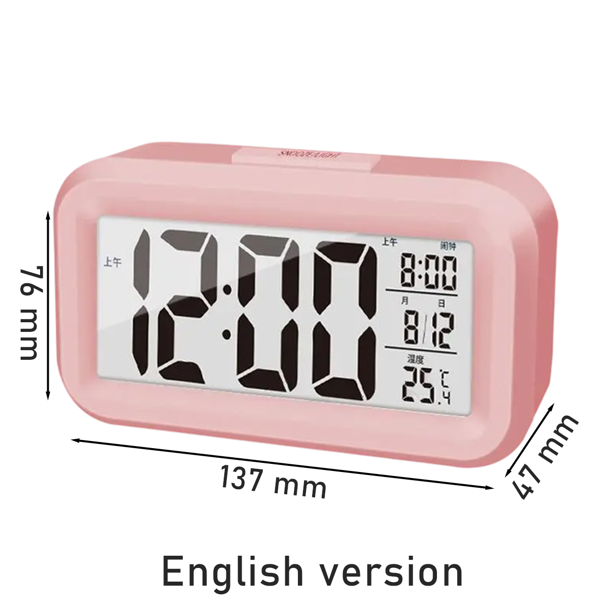 Ein rosafarbener Digitalwecker zeigt 12:00 an. Maße: 137x76x47mm.