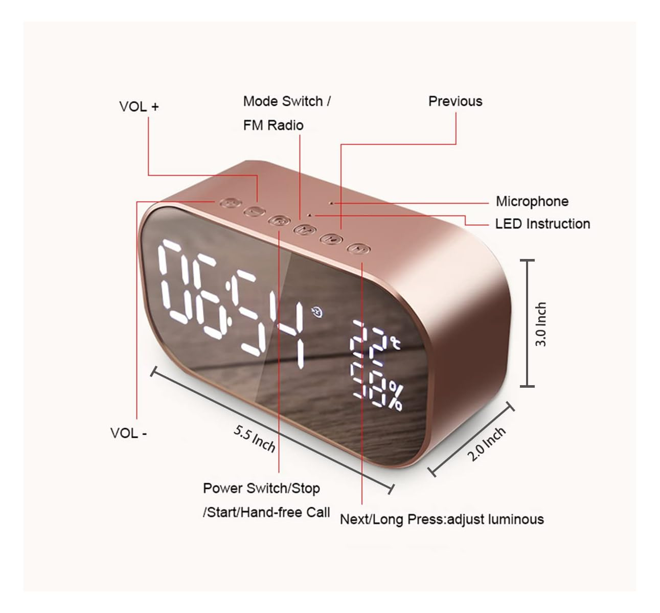 Ein roségoldener digitaler Wecker mit Maßen. Zeigt Uhrzeit, Temperatur und % an.