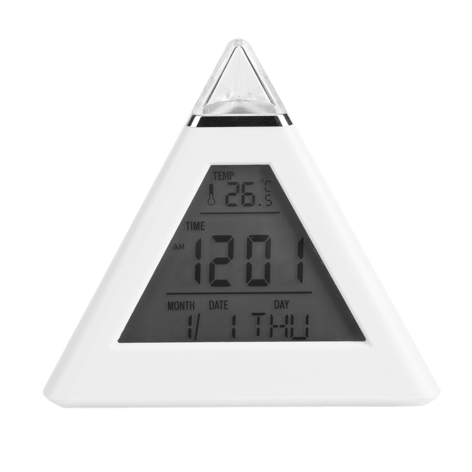 Weiße Pyramiden-Wecker zeigt 26,5C Temp, 12:01 Uhr Zeit und 1/1 DON Datum.