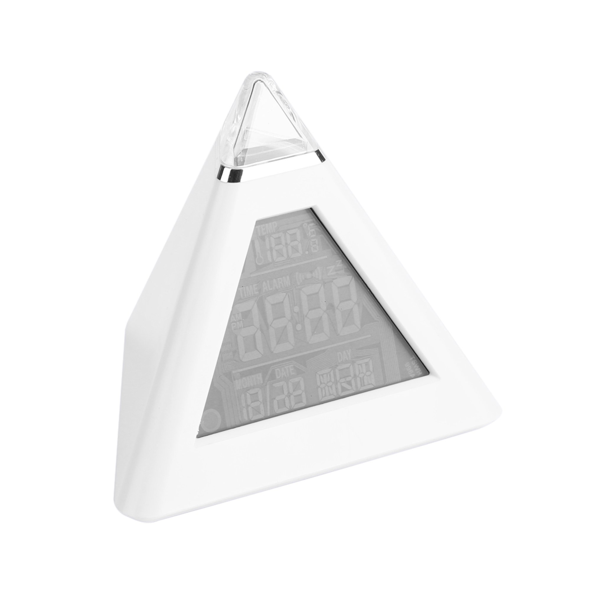 Ein weißer Pyramiden-Wecker mit digitaler Anzeige für Zeit, Datum und Temperatur.