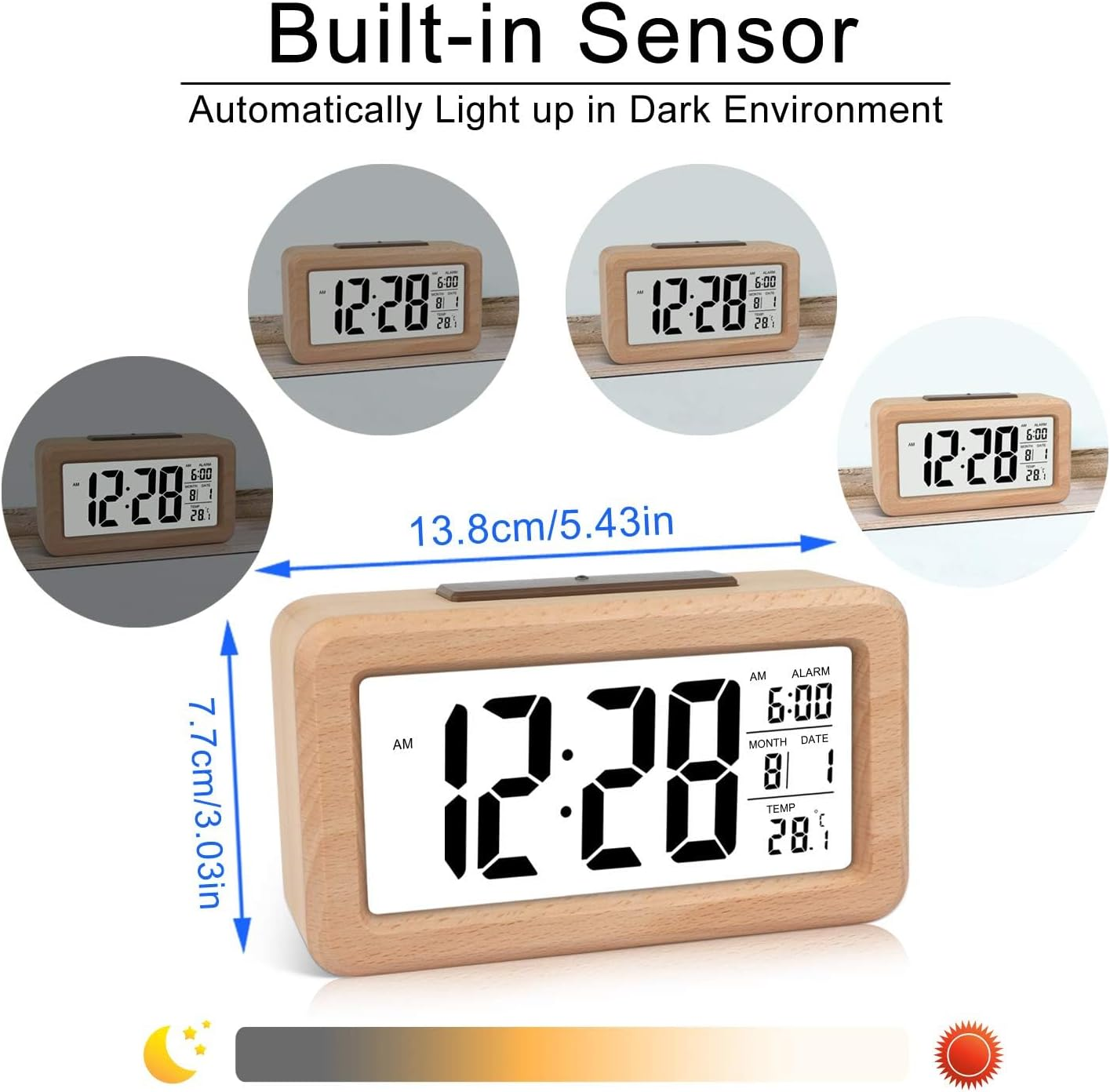 Holzwecker mit digitaler Anzeige zeigt 12:28, Alarm 6:00, Datum 8.1, Temperatur 28.1°C.