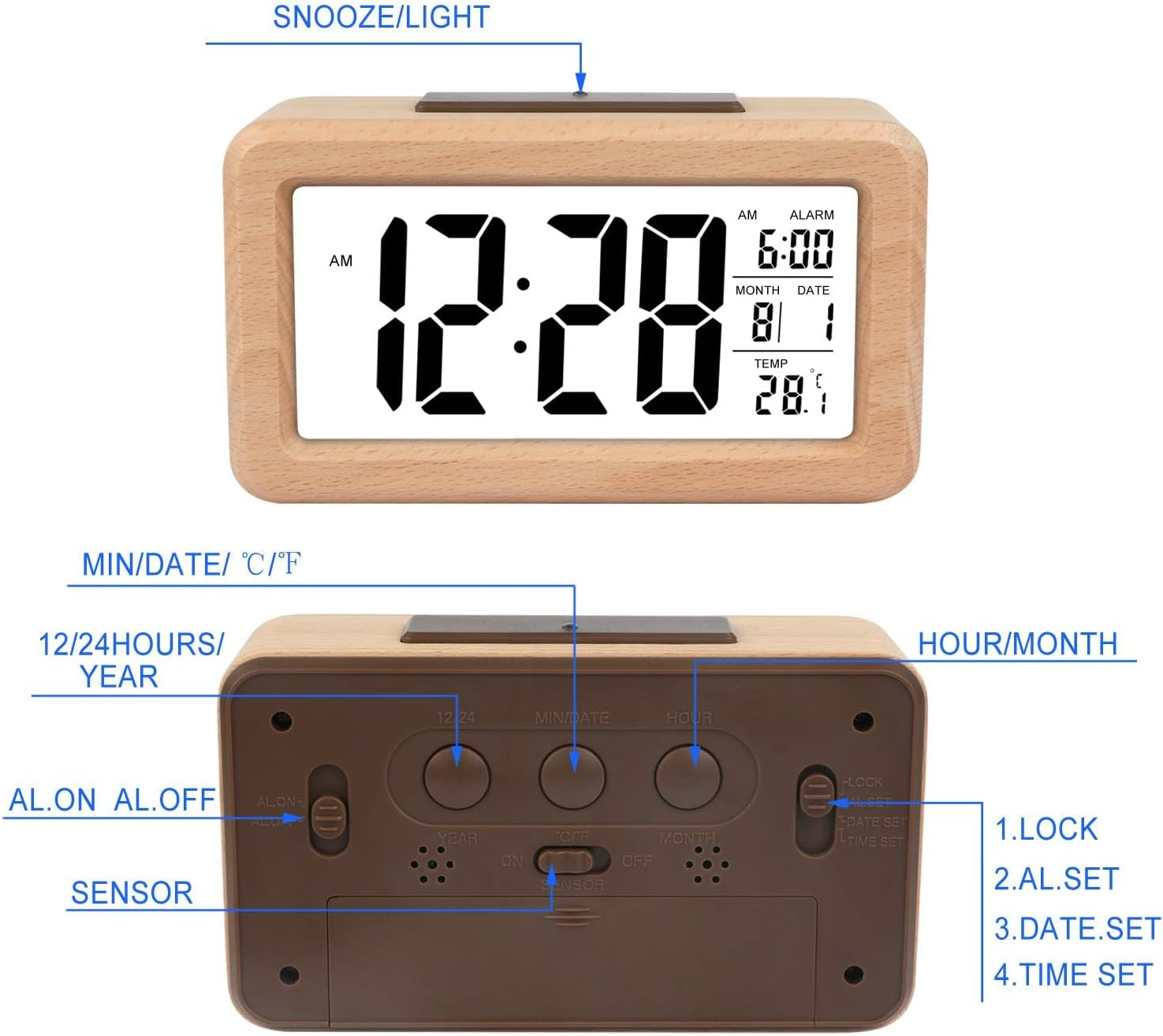 Ein hölzerner Wecker zeigt 12:28 Uhr, 6:00 Uhr Alarm, 8/1 Datum und 28,1 Grad an.