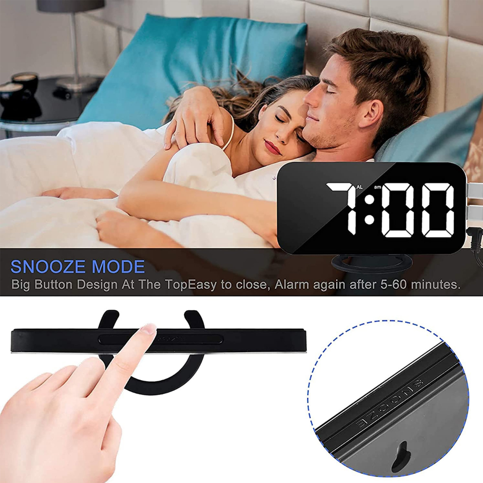 Ein Paar schläft im Bett, ein Wecker zeigt 7:00 Uhr an.