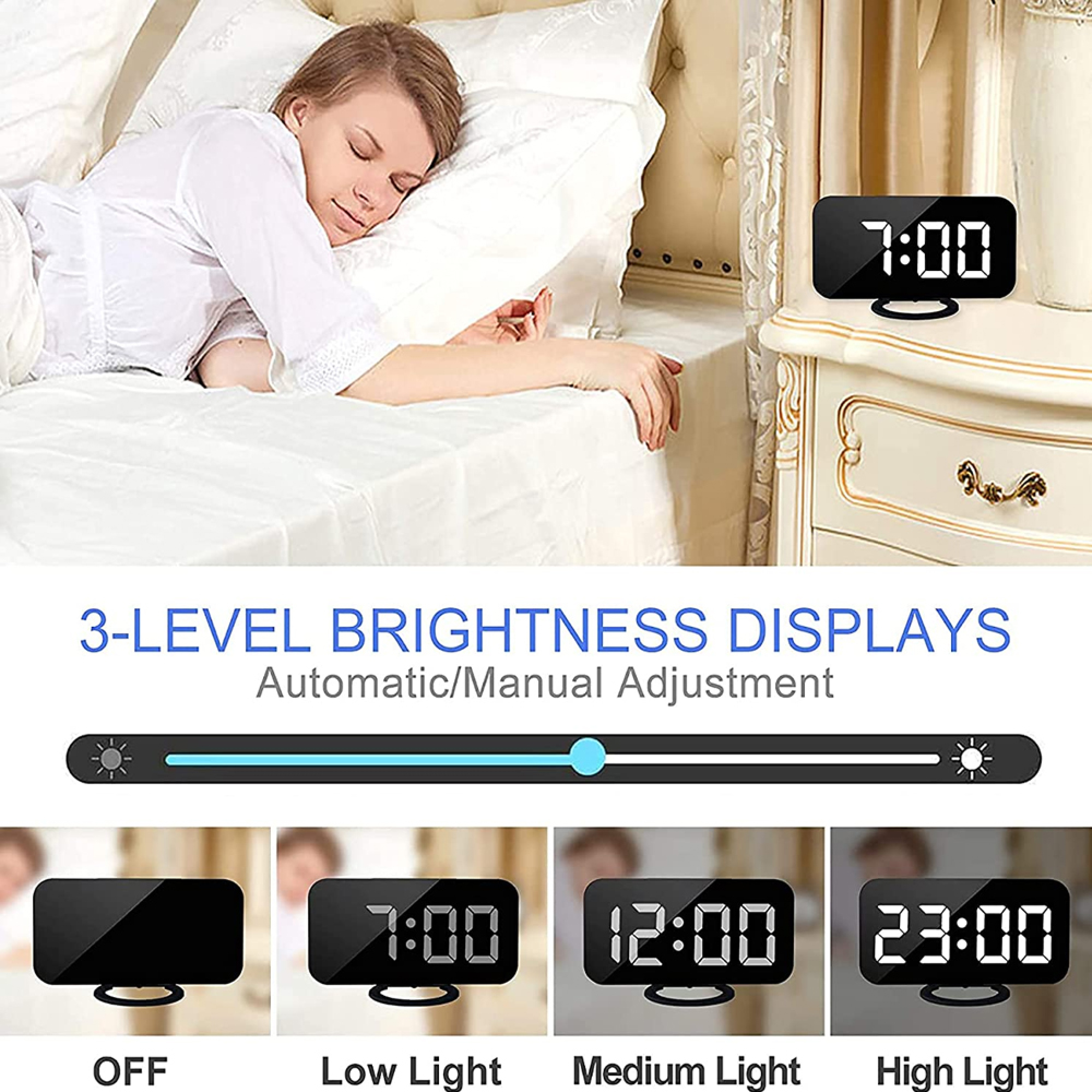 Frau schläft im Bett, digitaler Wecker zeigt 7:00.