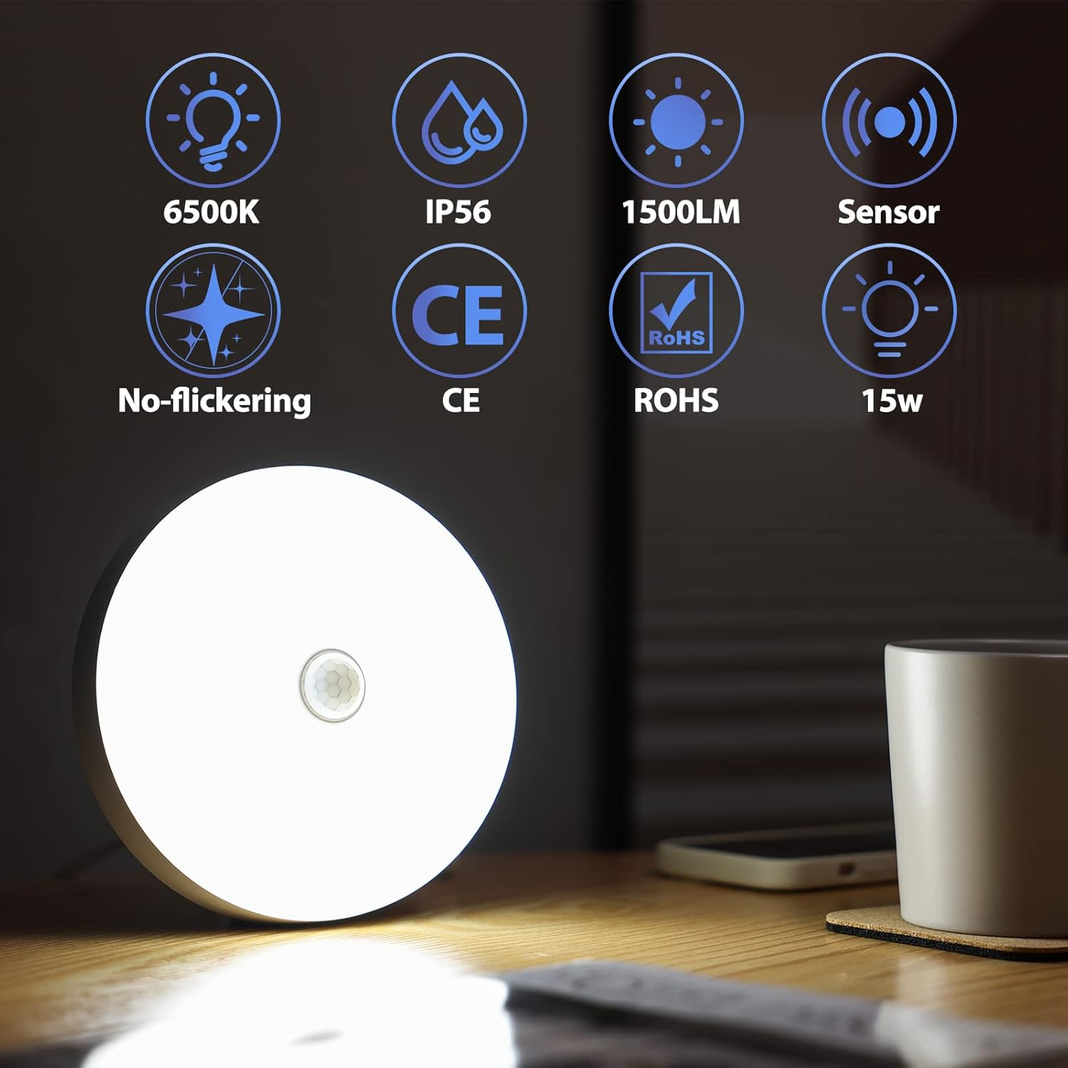 Runde Lampe mit Sensor, 6500K, IP56, 1500LM, 15W, CE, RoHS.