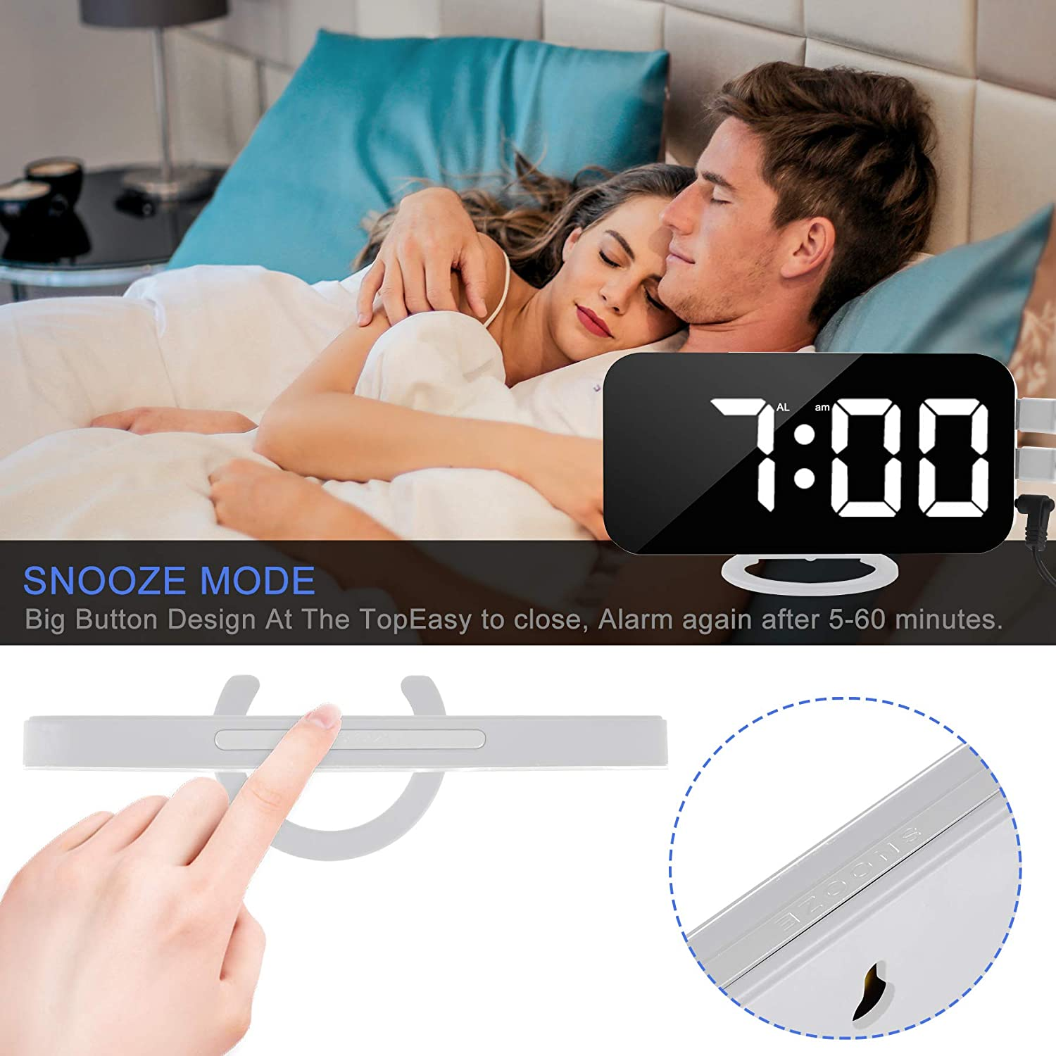 Ein Paar schläft im Bett, ein digitaler Wecker zeigt 7:00 Uhr an.