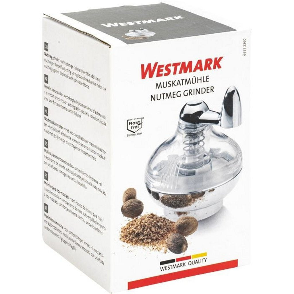 Westmark Muskatmühle mit Vorratsbehälter, Edelstahl, mit Muskatnüssen und geriebener Muskatnuss.