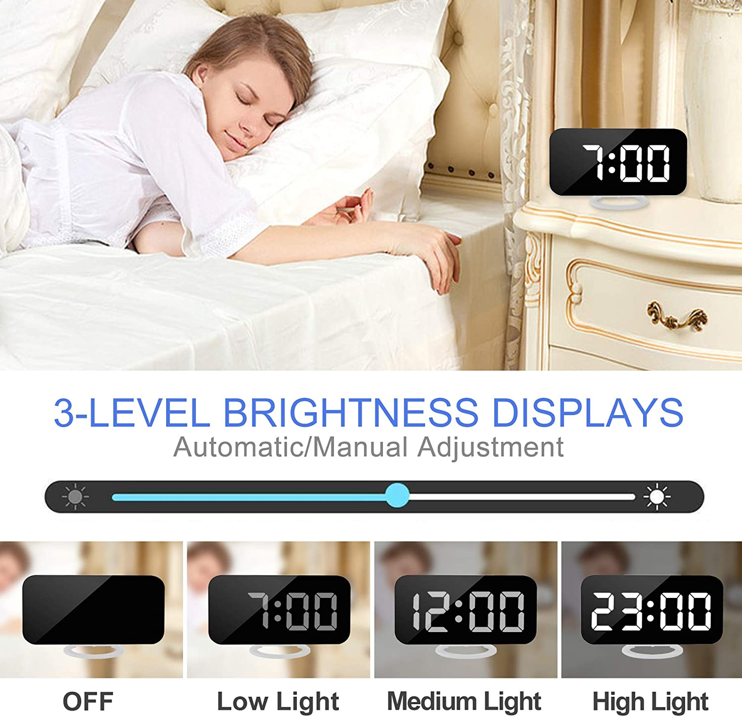 Frau schläft im Bett neben einem Digitalwecker, der 7:00 anzeigt.