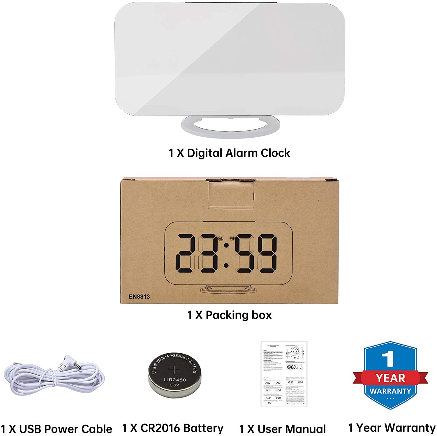 Digitaler Wecker, Verpackungskarton, USB-Kabel, Batterie, Handbuch, Garantie