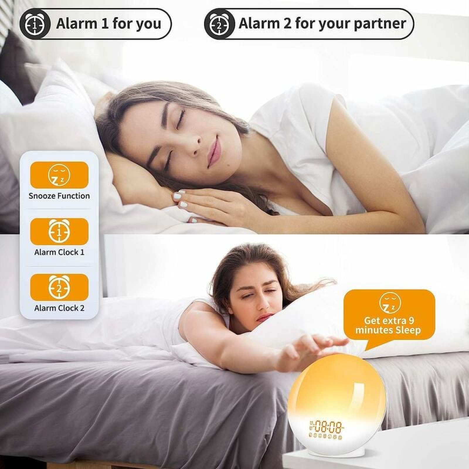 Frau schläft, daneben ein Lichtwecker mit Uhrzeit und Snooze-Funktion.