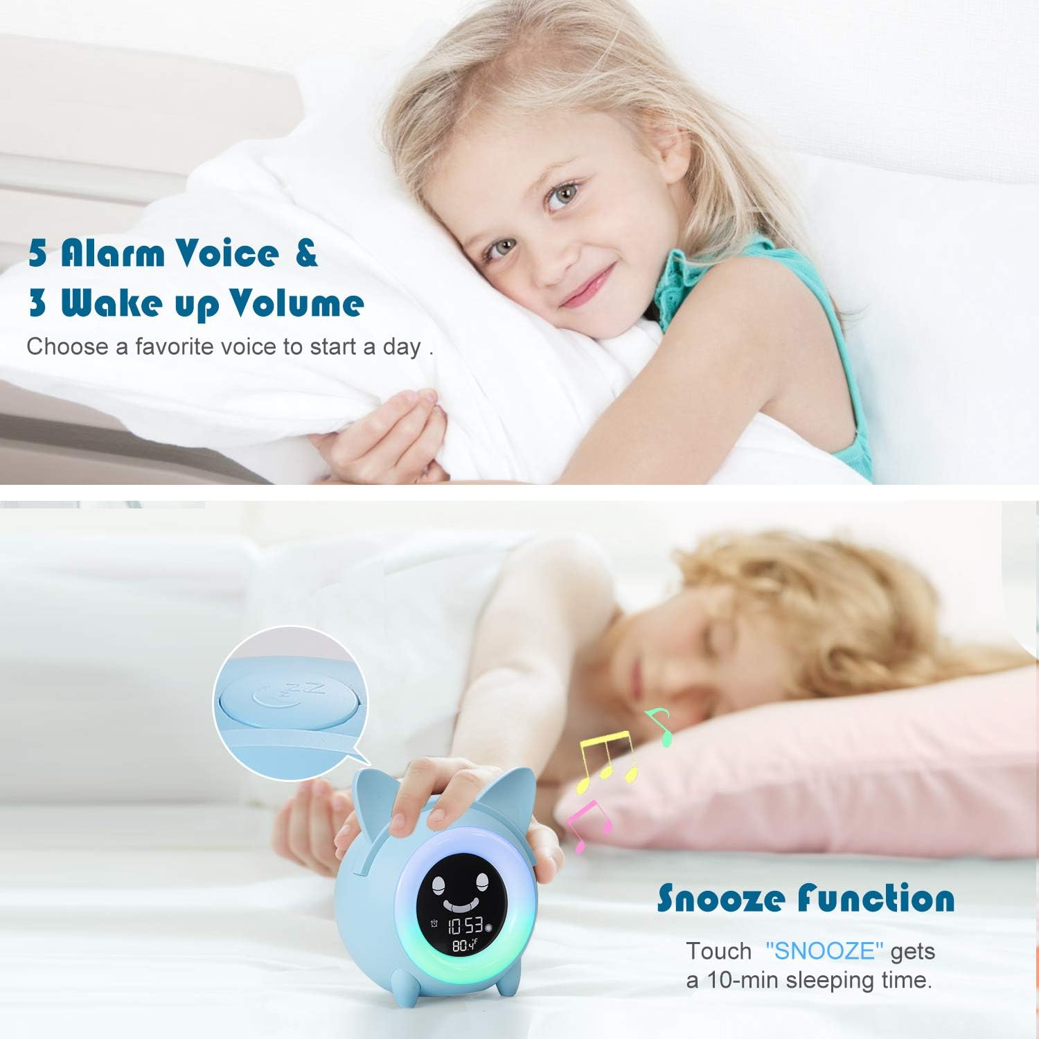 Ein blauweckendes Tier-Nachtlicht mit Snooze-Funktion und einem schlafenden Kind.