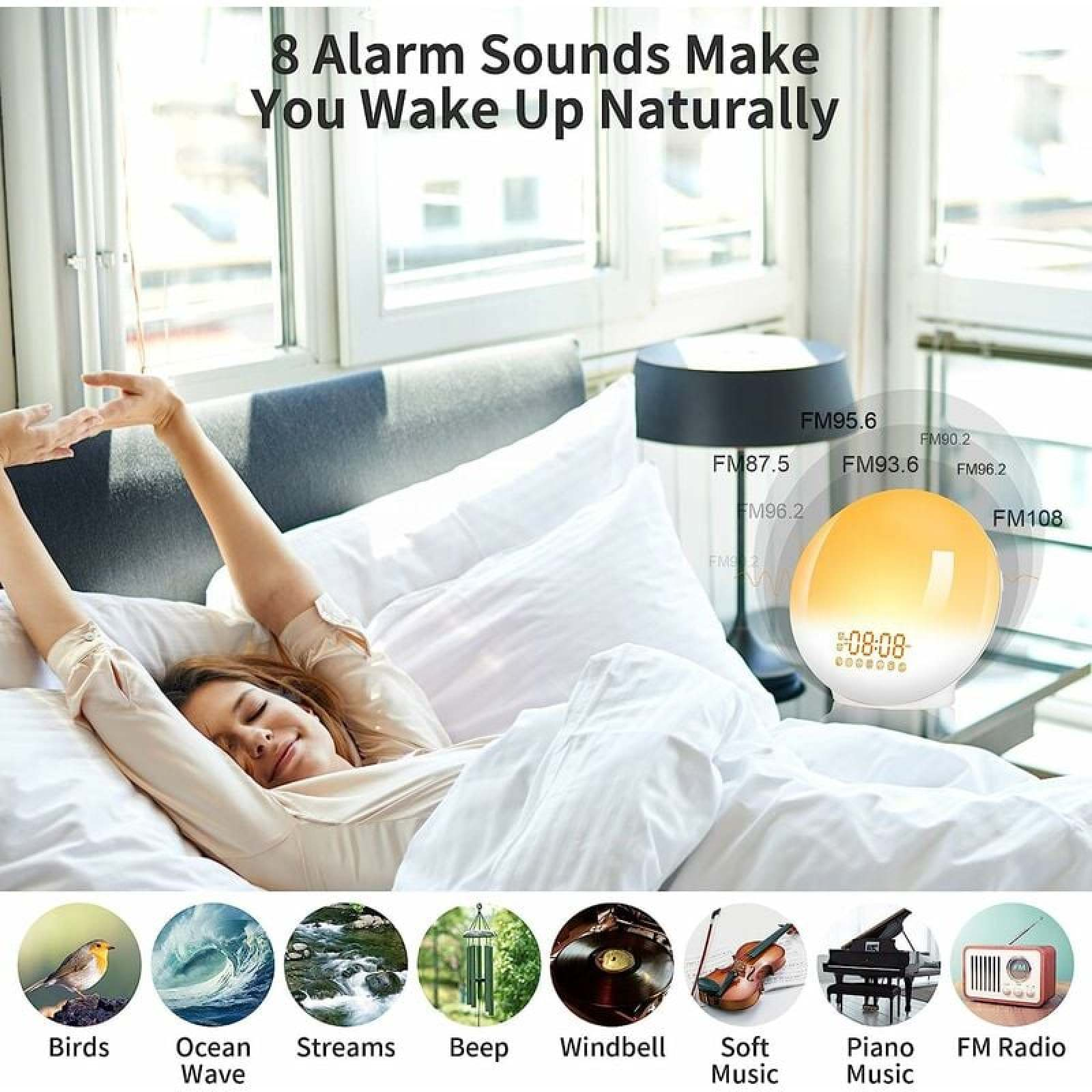 Frau streckt sich im Bett, Sonnenaufgangs-Wecker und Symbole für Naturgeräusche & Musik.