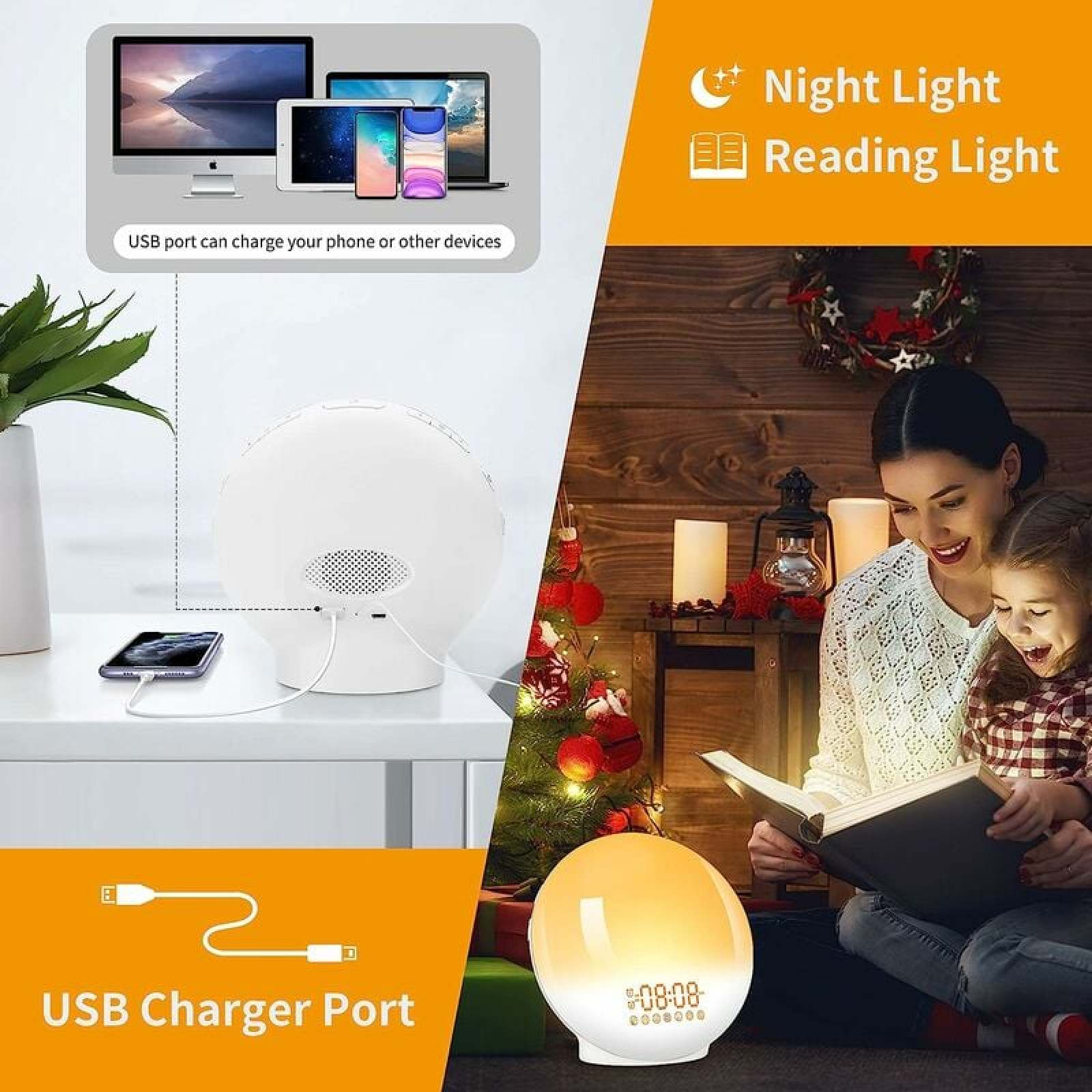 Eine Nachttischlampe mit USB-Anschluss lädt ein Handy. Mutter und Kind lesen ein Buch.