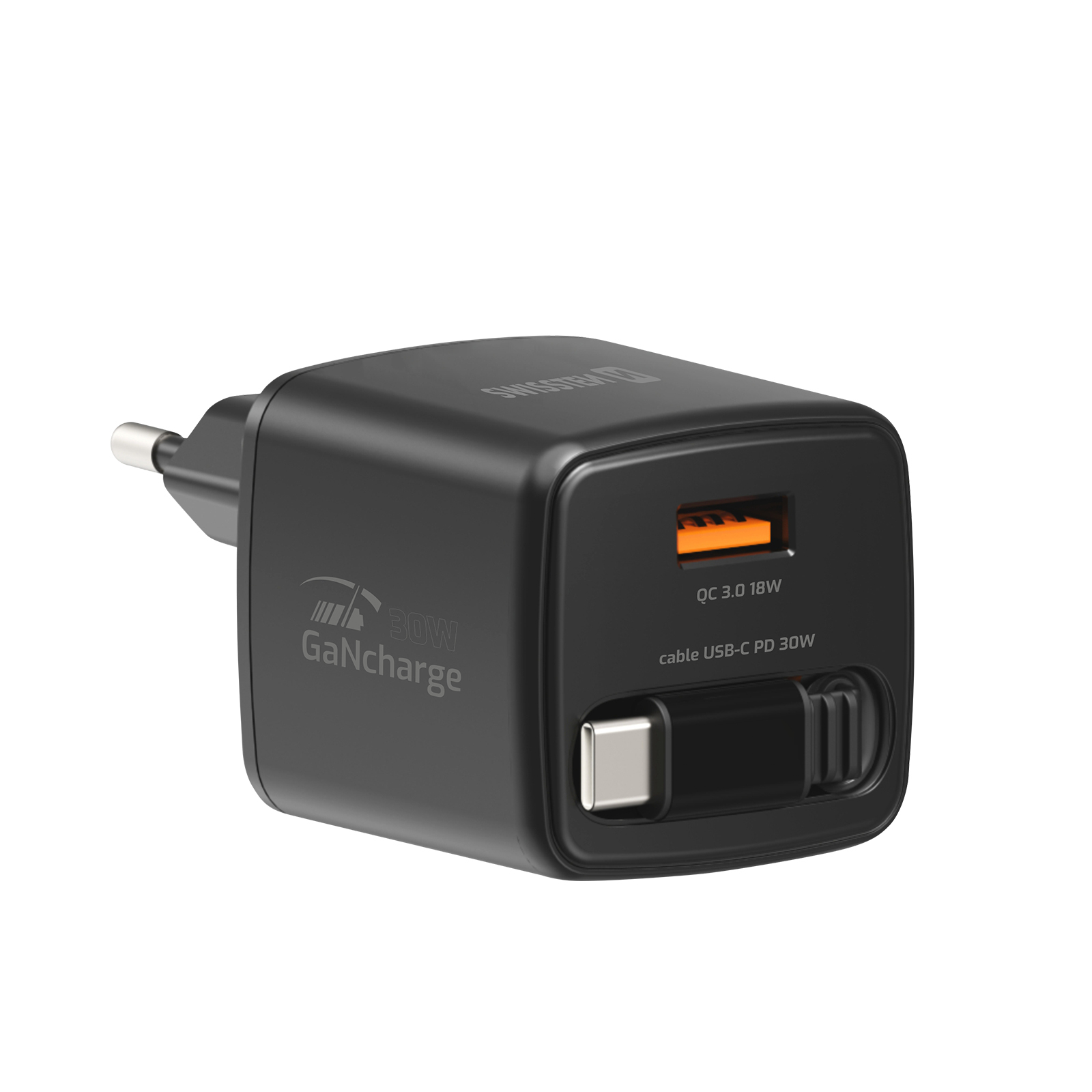 Schwarzer 30W GaN Ladegerät mit USB-C und USB-A Anschlüssen.