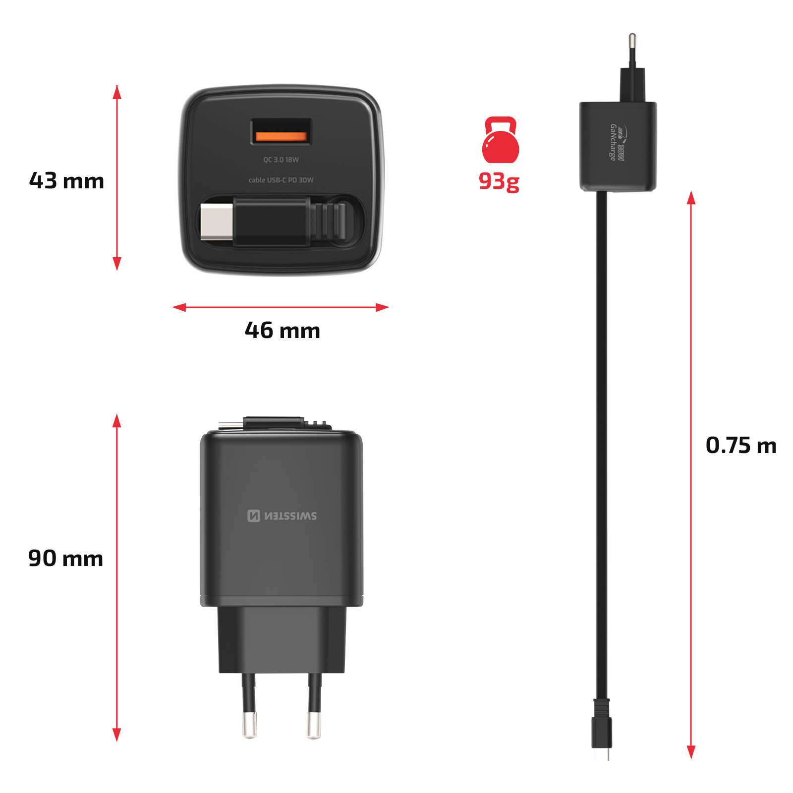 Schwarzer USB-C-Ladegerät-Set mit Maßen und Gewicht. 93g.