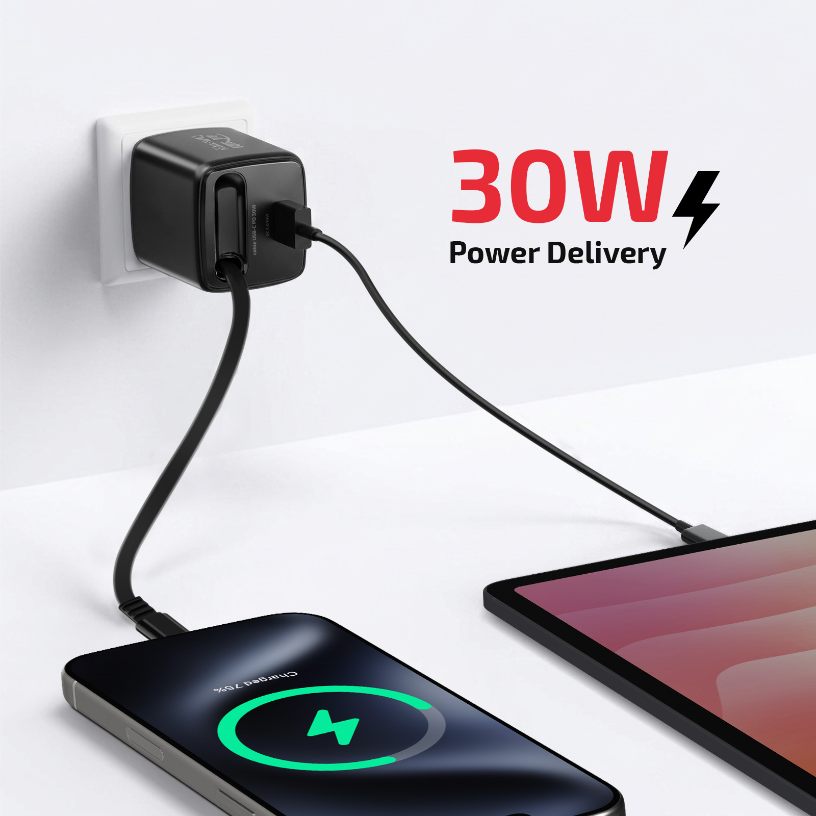 Schwarzer 30W Netzstecker lädt Handy und Tablet über USB-C.