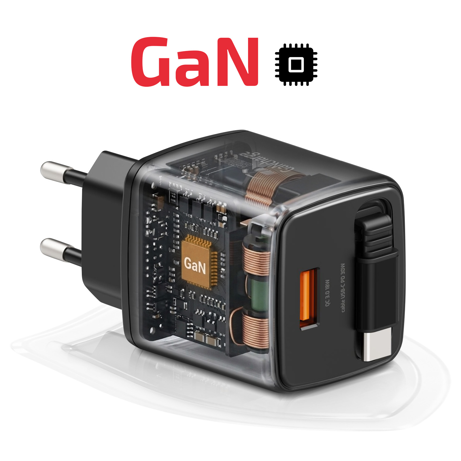 Transparenter GaN-Ladegerät mit sichtbaren Komponenten und USB-C-Anschluss.