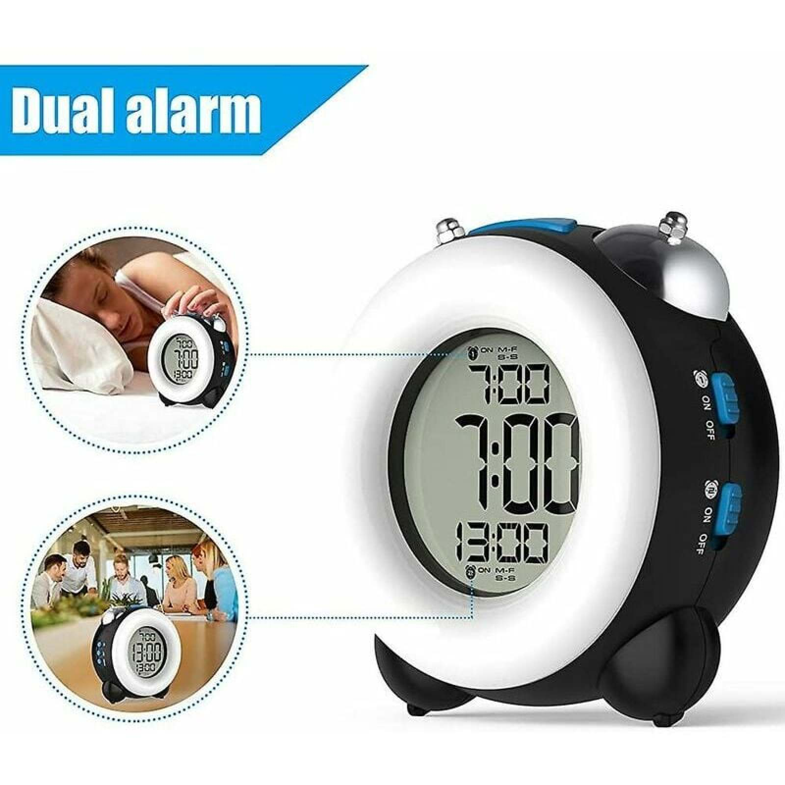 Ein digitaler Wecker mit Dual-Alarm-Funktion wird gezeigt.