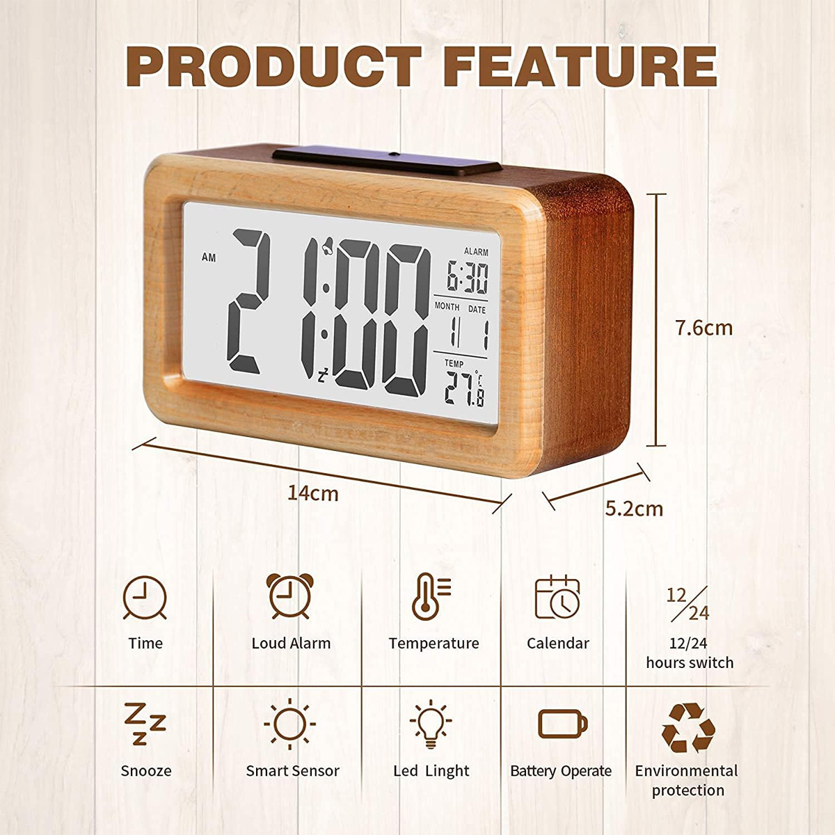Holz-Digitalwecker zeigt Uhrzeit, Wecker, Datum und Temperatur an. Funktionen: Schlummer, Sensor, Licht, Batterie, 12/24h-Umschaltung.