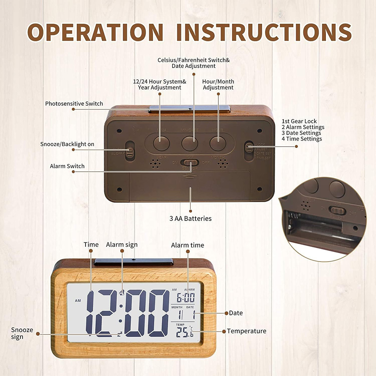 Bedienungsanleitung für einen digitalen Wecker mit Holzgehäuse. Zeigt Zeit, Alarm und Temperatur an.