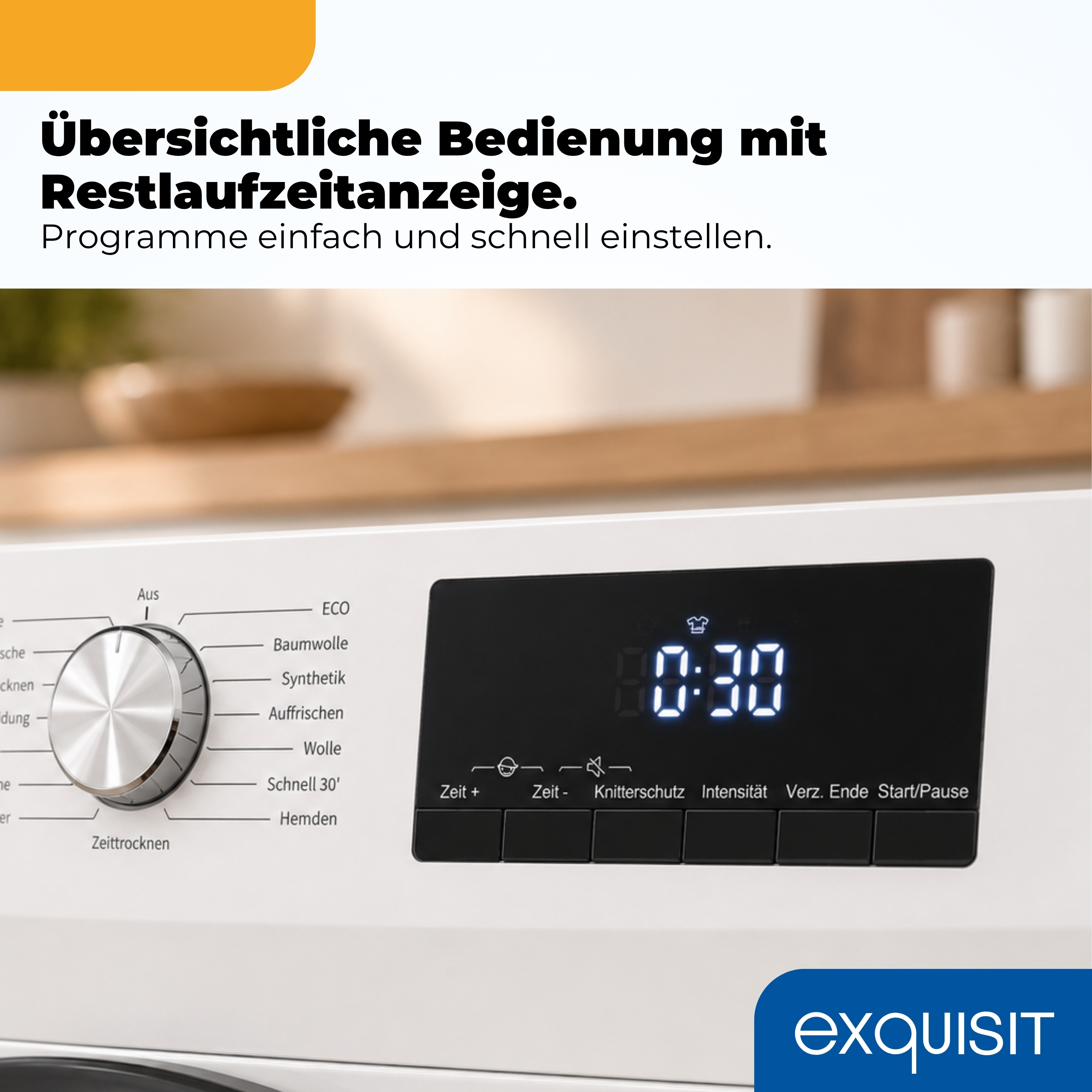 Ein weißes Bedienfeld einer Waschmaschine mit Drehknopf und digitaler Anzeige.