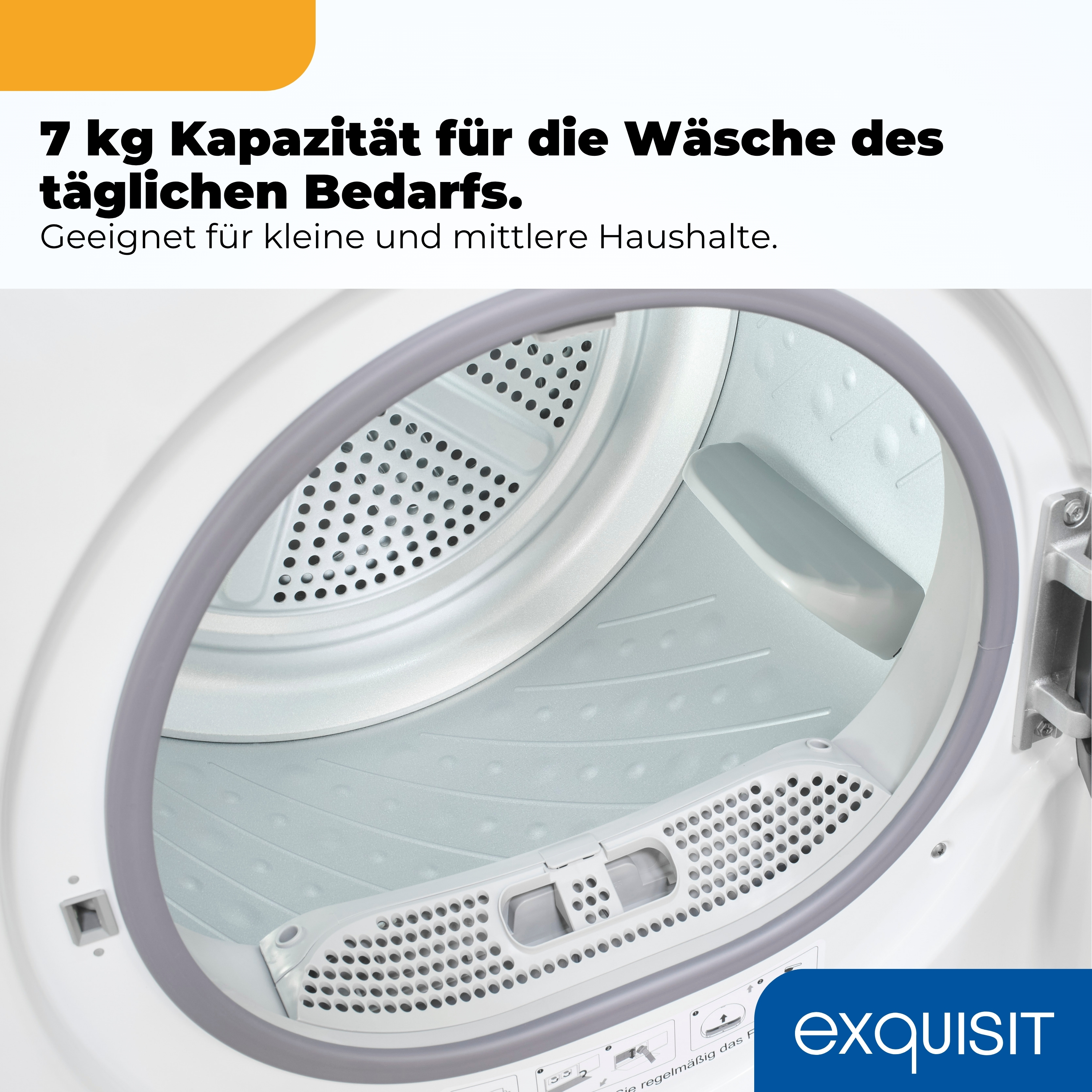 Innenansicht eines leeren Wäschetrockners mit Trommel und Filter.