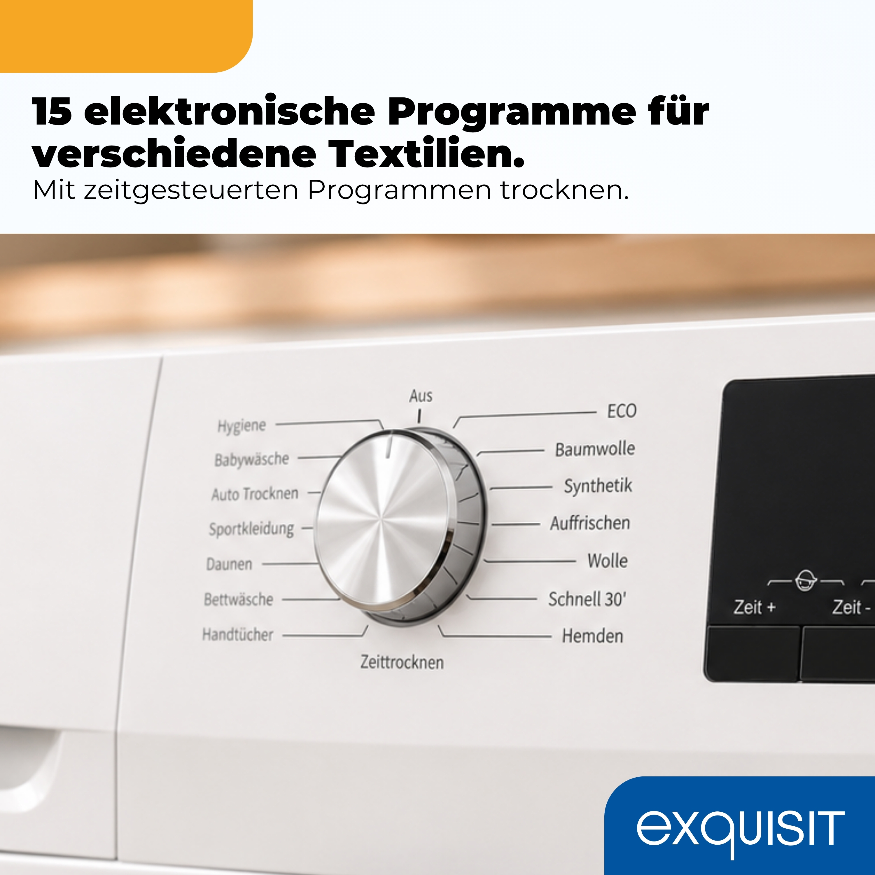 Eine weiße Waschmaschine mit Programmwahlknopf und Display.
