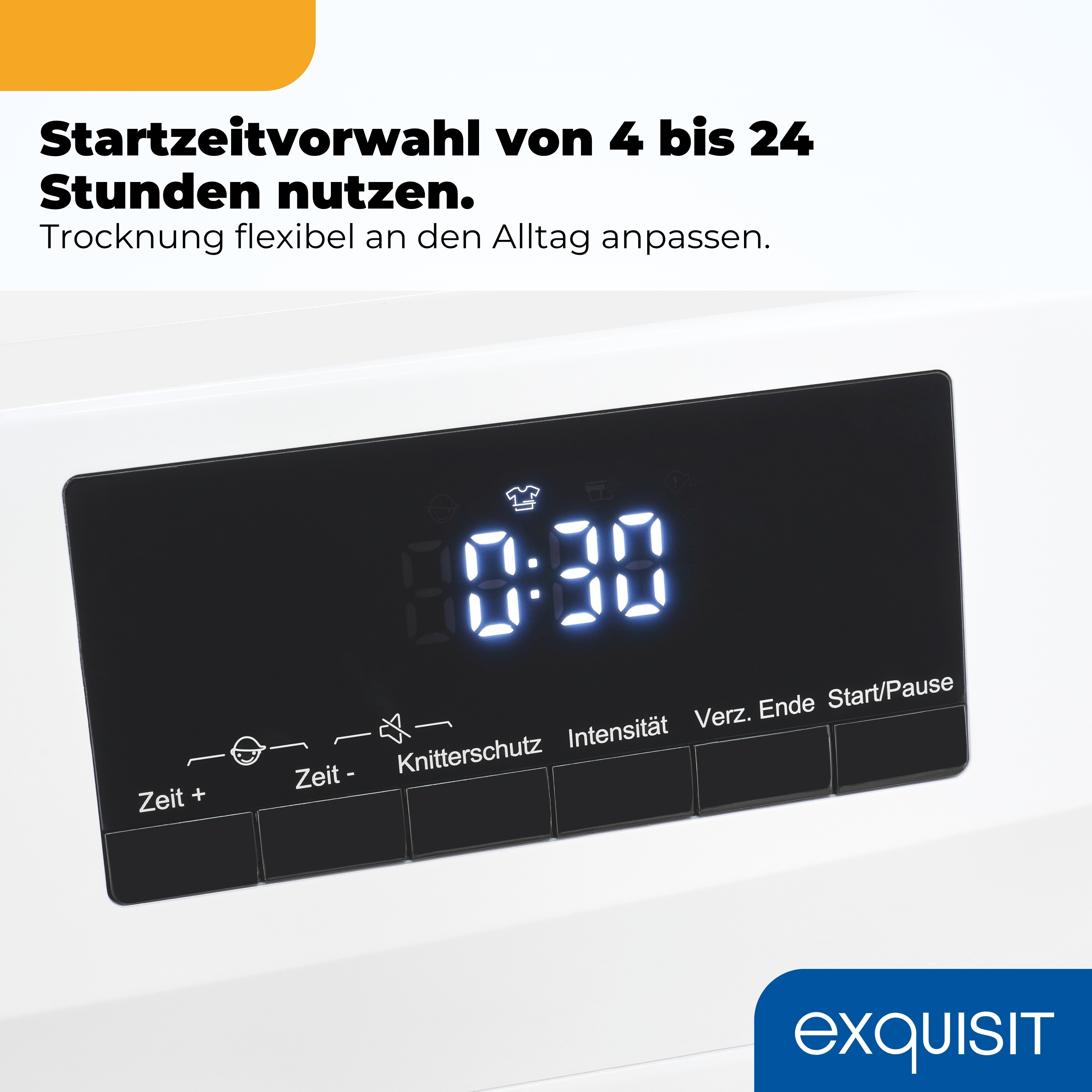 Display einer Waschmaschine mit Uhrzeit 0:30 und Bedienelementen.