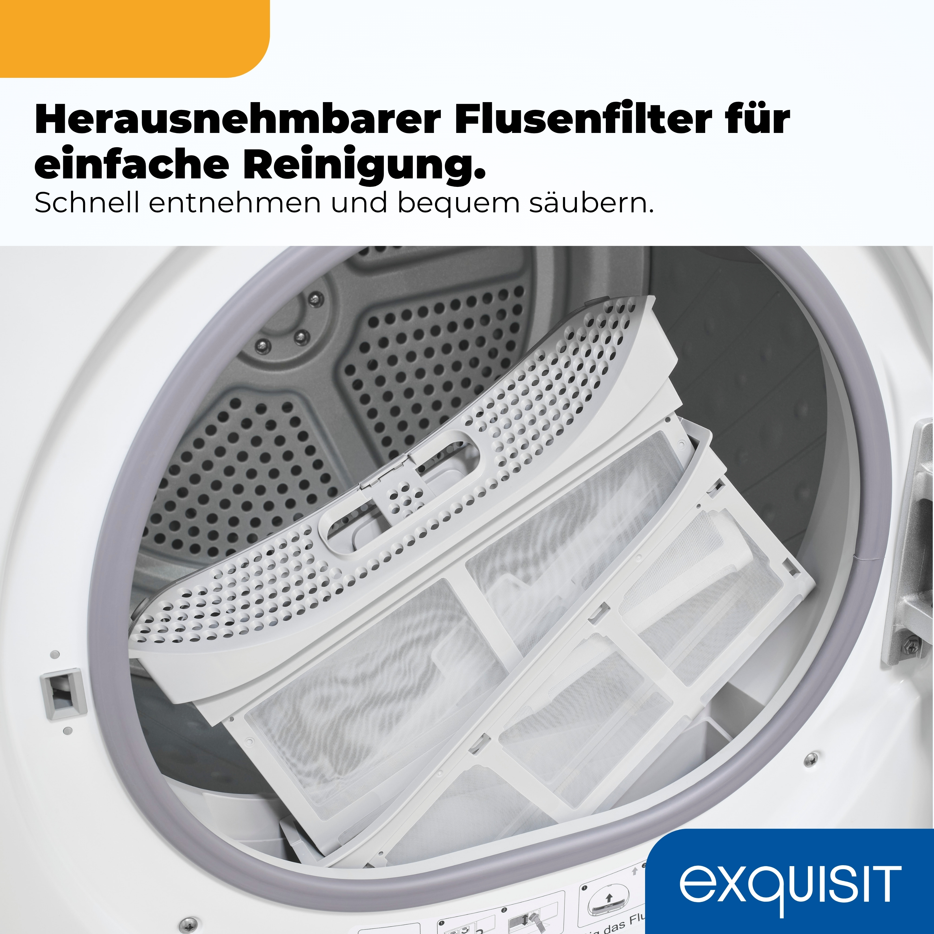 Herausnehmbarer Flusenfilter für einfache Reinigung im Trockner.