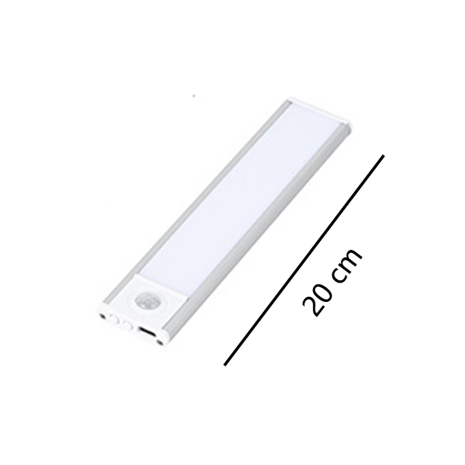 Eine silberne LED-Lichtleiste mit Bewegungssensor und USB-Anschluss, 20 cm lang.