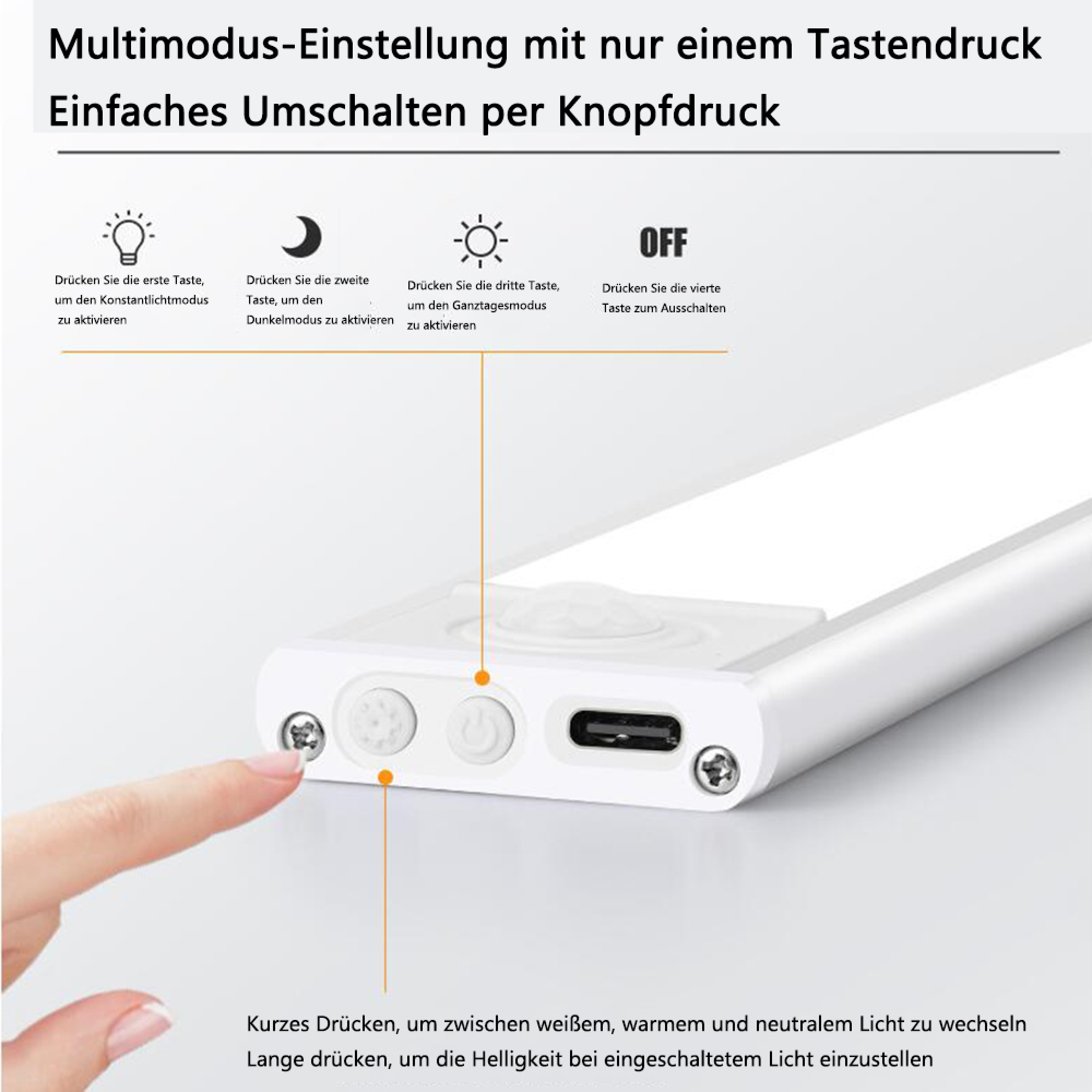 Bedienung eines weißen Geräts mit vier Tasten und einem USB-Anschluss.