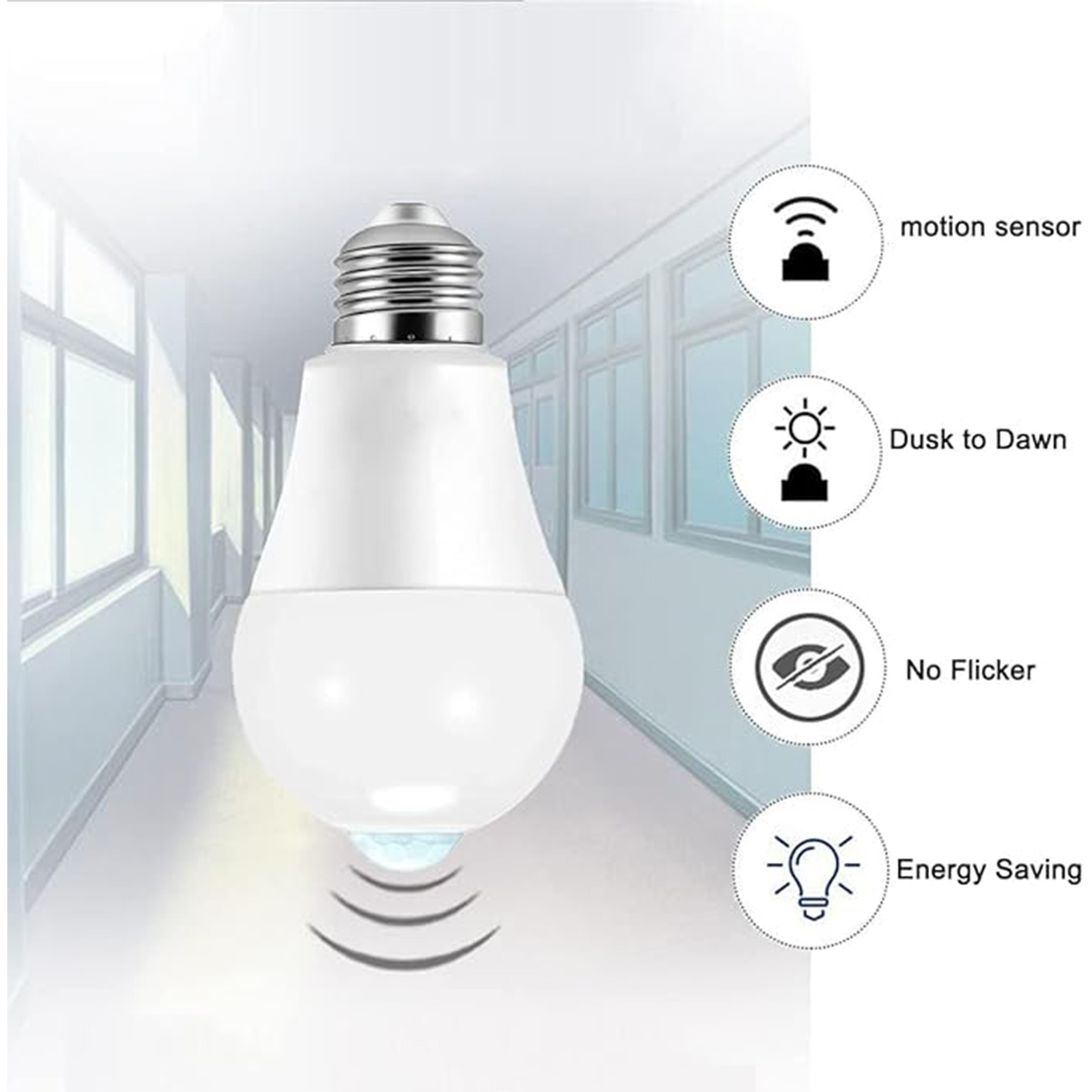 Eine weiße LED-Glühbirne mit Bewegungsmelder, Dämmerungsschalter, flimmerfrei, energiesparend.
