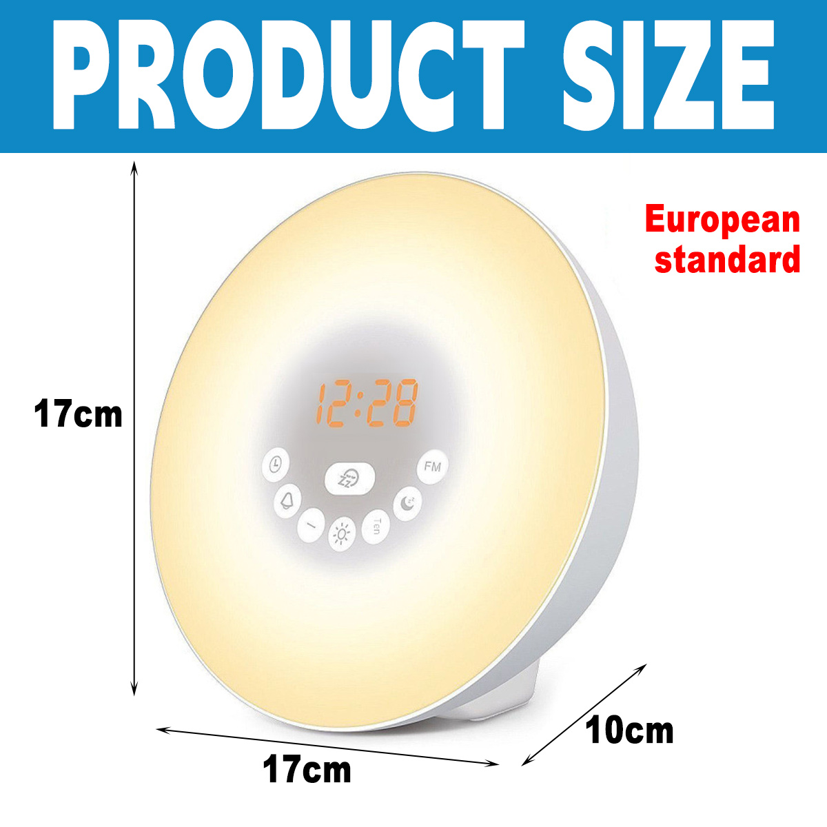 Ein Lichtwecker mit digitalen Zahlen 12:28 und Größenangaben: 17cm hoch, 17cm breit, 10cm tief.