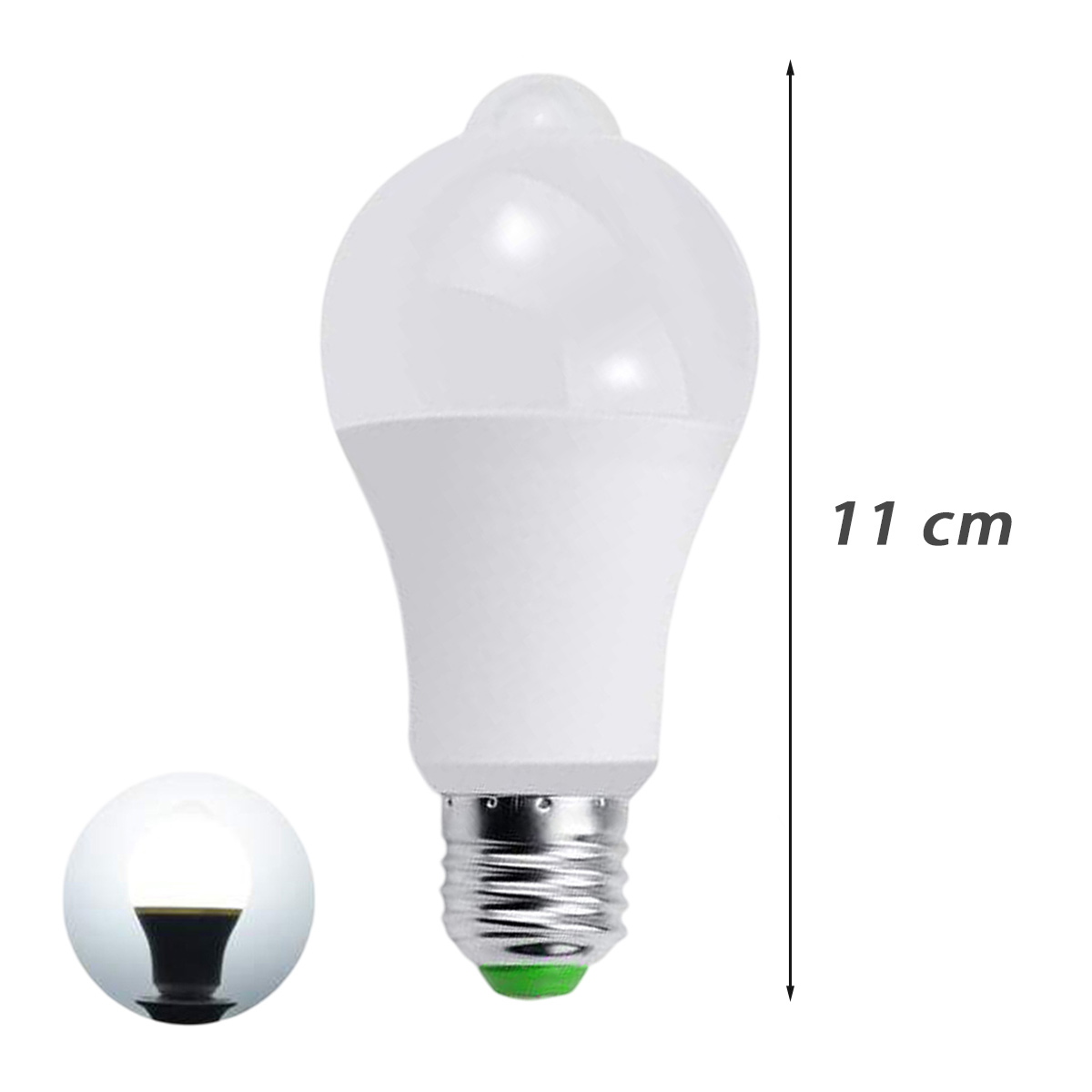 Eine weiße LED-Glühbirne, 11 cm lang, mit Bewegungssensor oben.