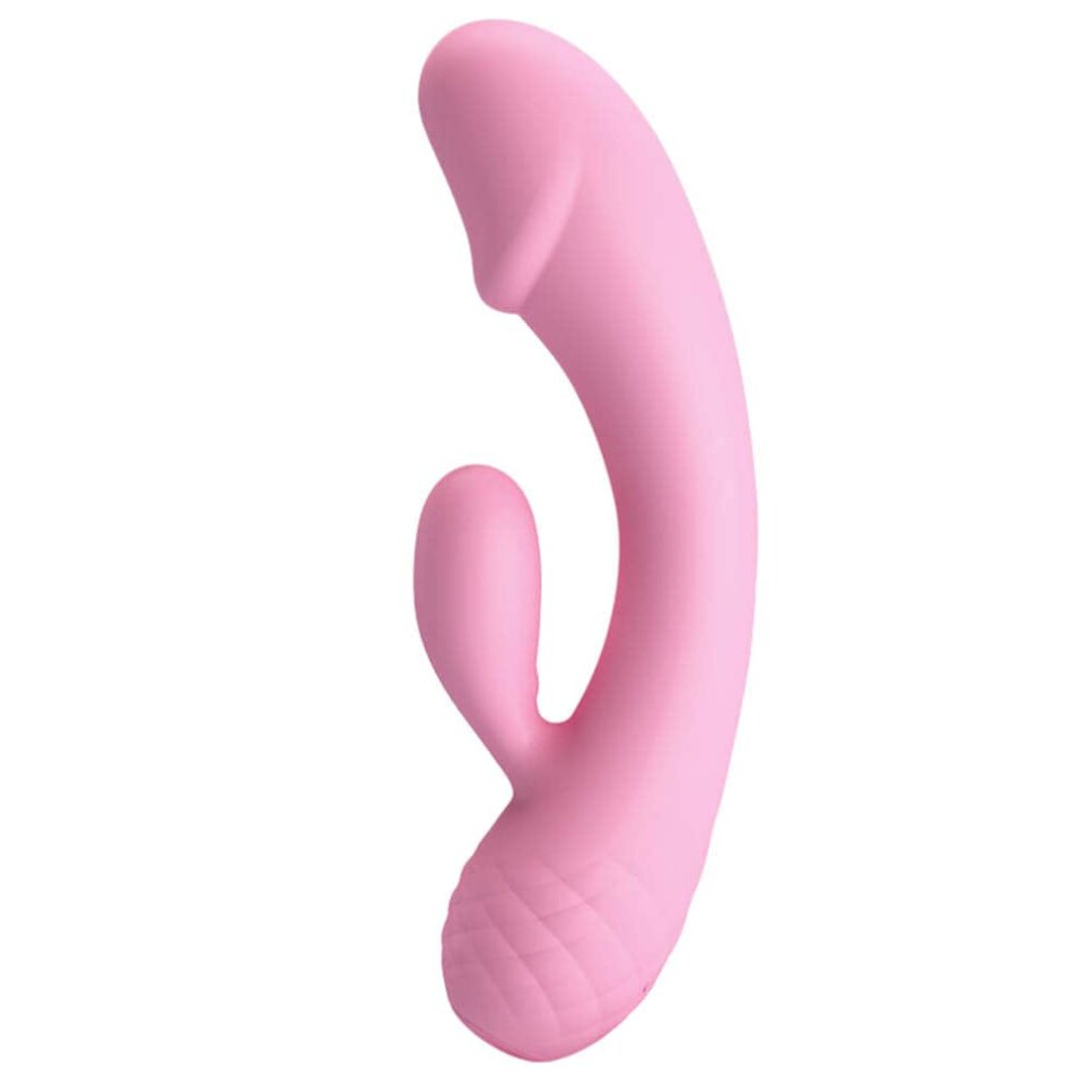 Ein pinker Vibrator mit einer gekrümmten Form und einer zusätzlichen Lasche.