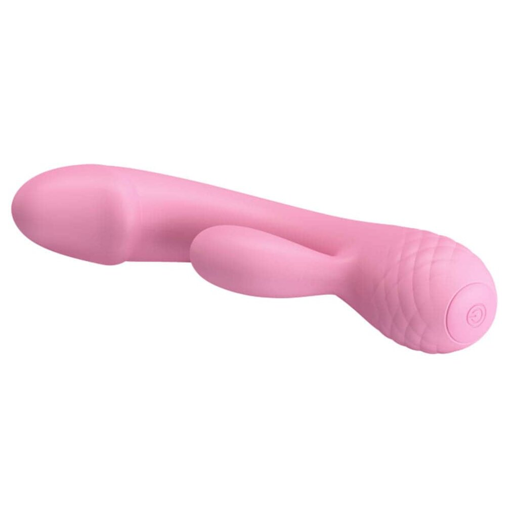 Ein rosafarbener Vibrator mit gebogenem Schaft und einer Rillenoberfläche.