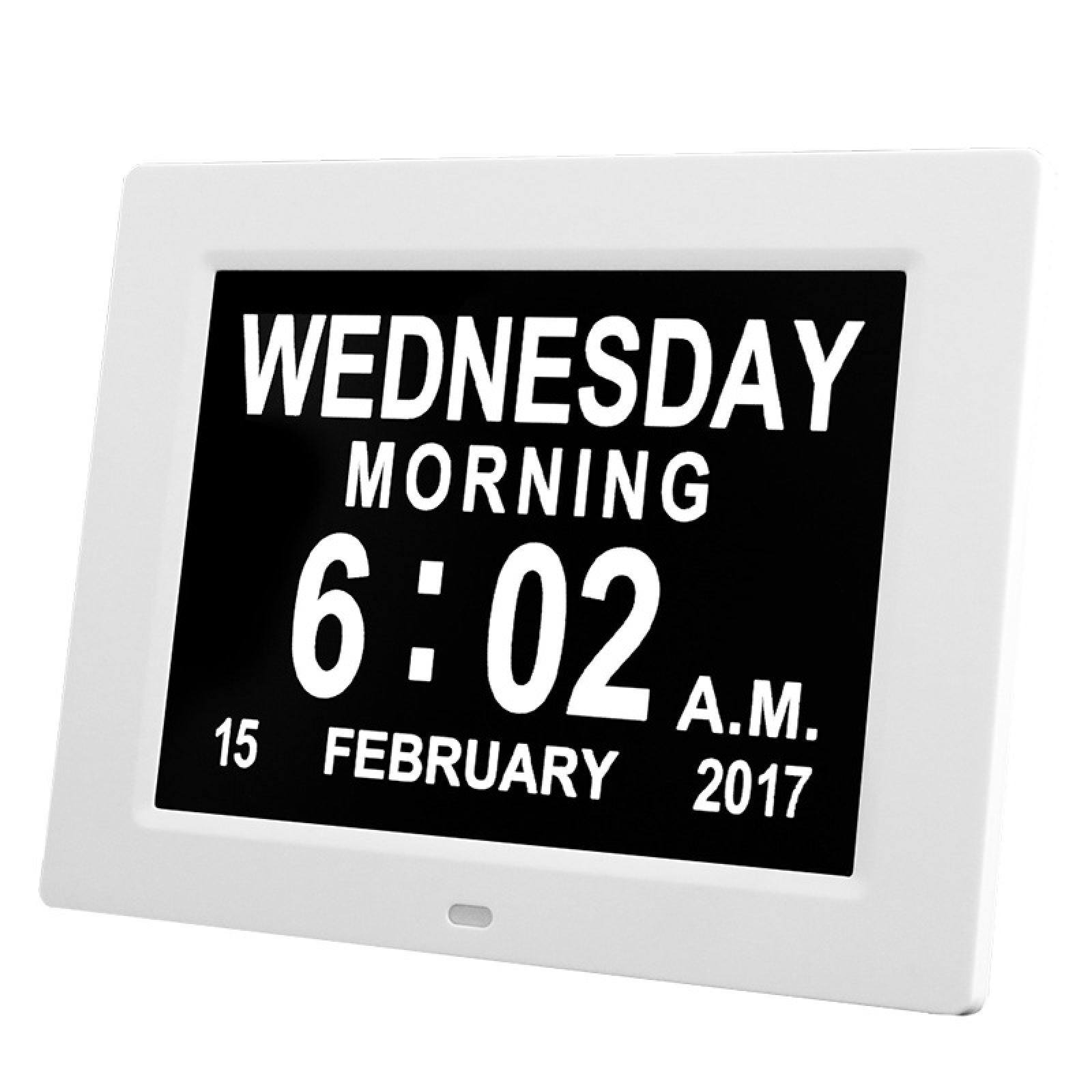 Digitaluhr zeigt Mittwoch, 6:02 Uhr, 15. Februar 2017.