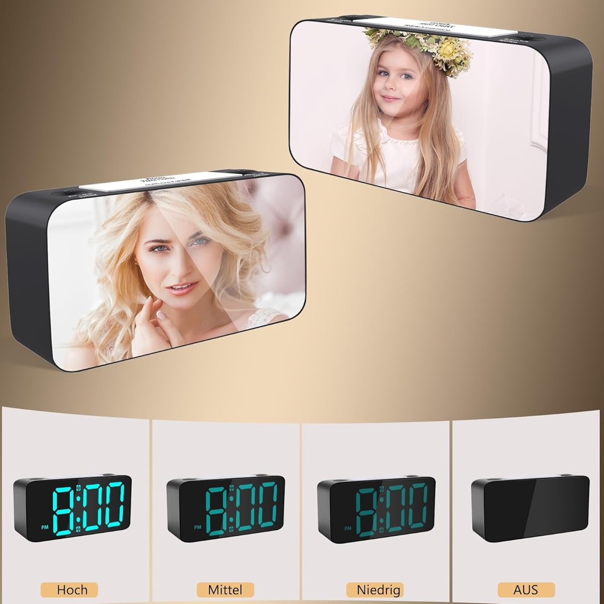 Digitaler Wecker mit zwei Fotoanzeigen und Uhrzeit-Einstellungen.