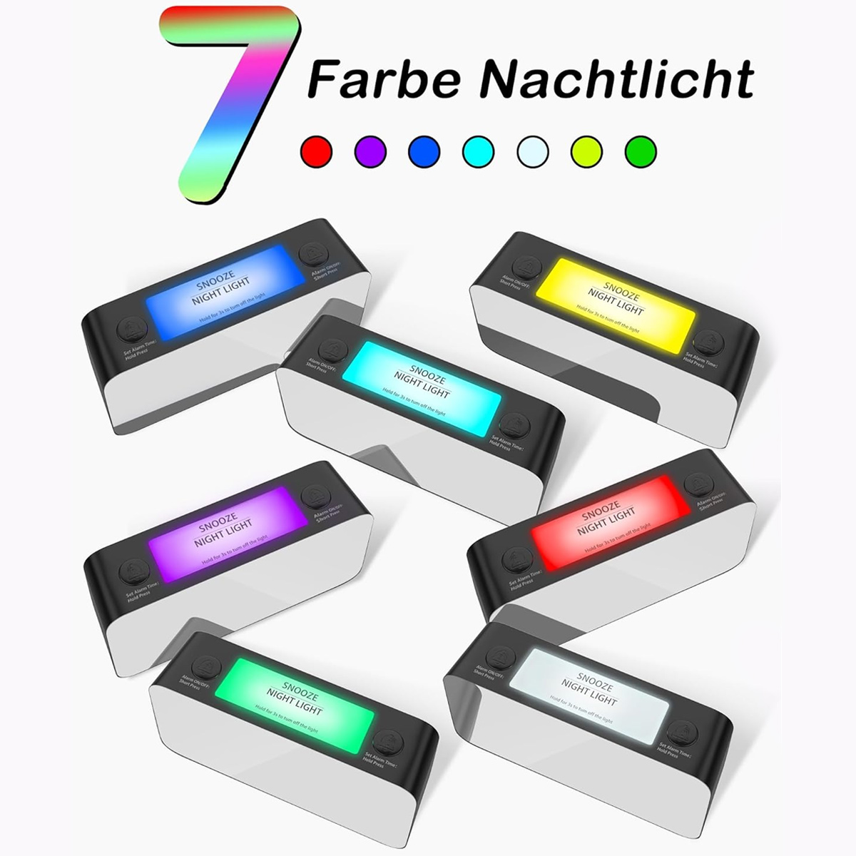 Sieben Wecker mit farbiger Nachtlichtfunktion in verschiedenen Farben.