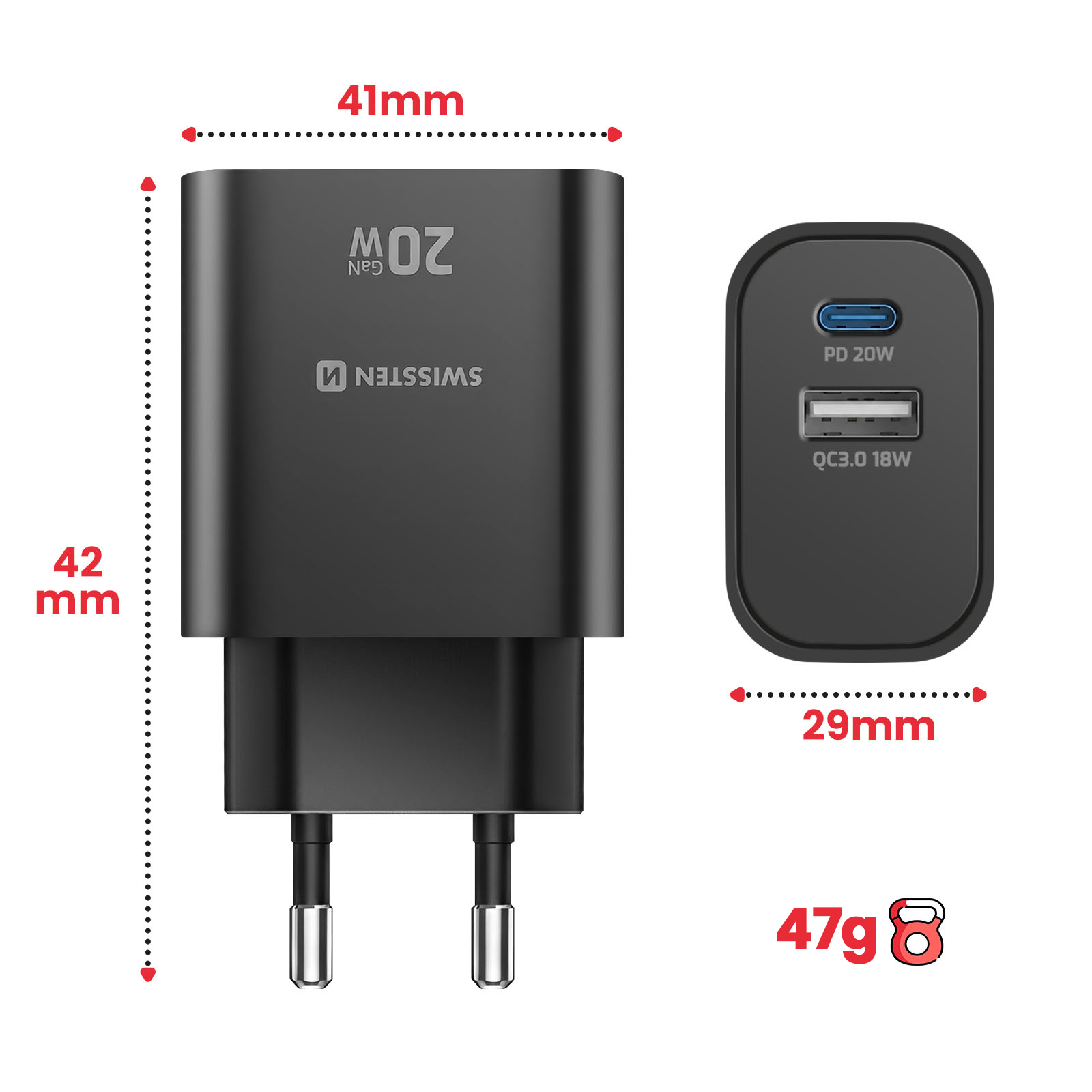 Zwei schwarze Ladegeräte mit USB-C- und USB-A-Anschlüssen, 20W PD.